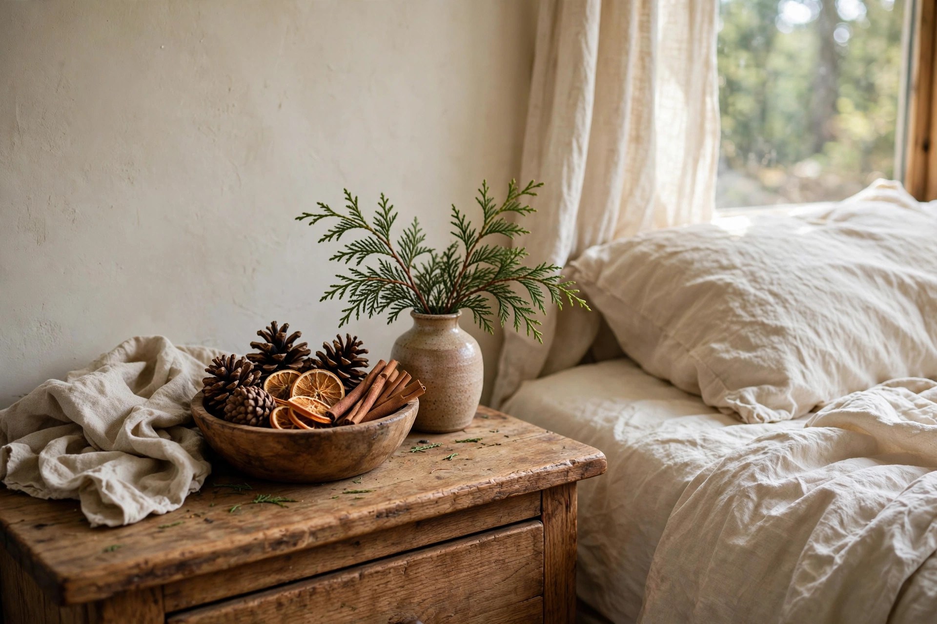 Christmas bedroom scent styling with pinecones, cedar sprigs and dried orange slices on the nightstand