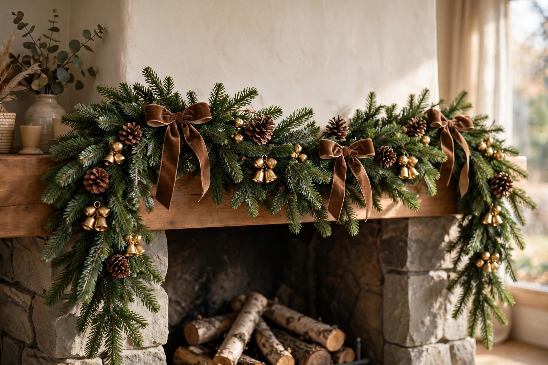 Fir garland with gold bells and brown velvet bows draped along a fireplace mantel