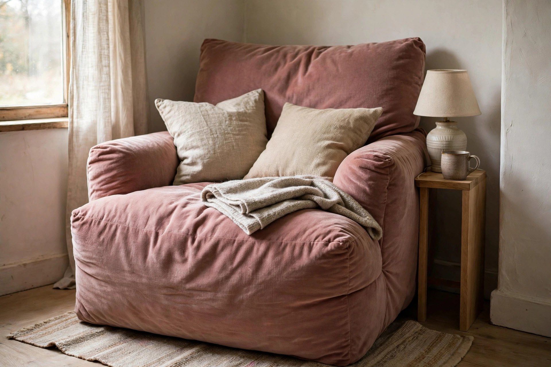 Dusty rose chair-and-a-half, an oversized comfy reading chair for small spaces with cushions, a throw and a narrow side table