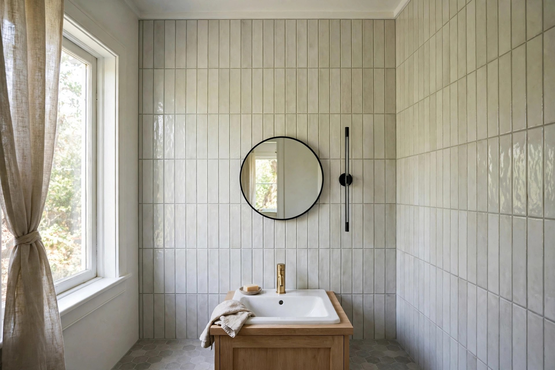 Small bathroom with one wall tiled floor to ceiling behind the basin