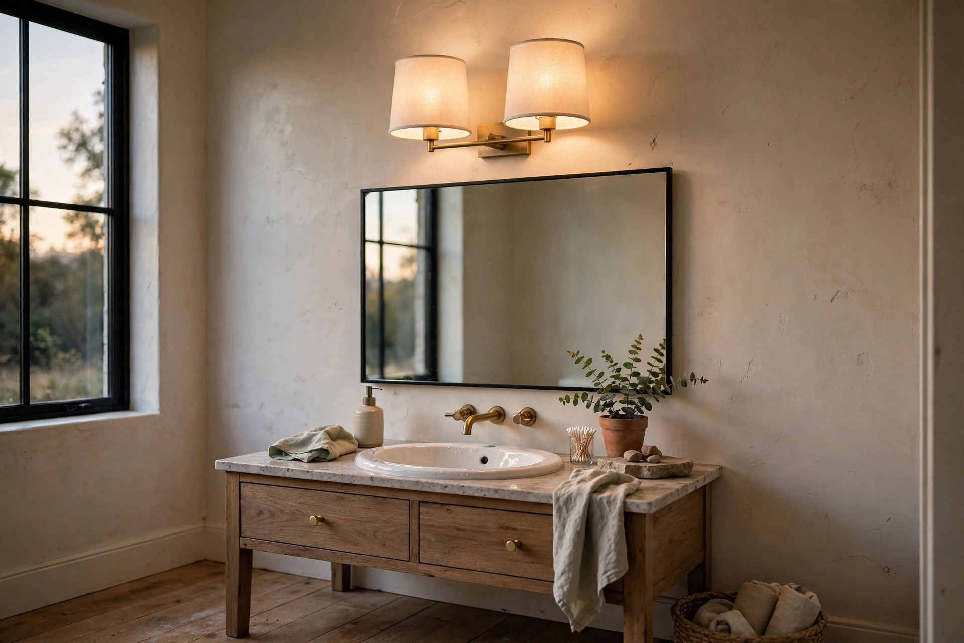 Bathroom vanity light with new fabric shades glowing above a mirror in a small bathroom makeover