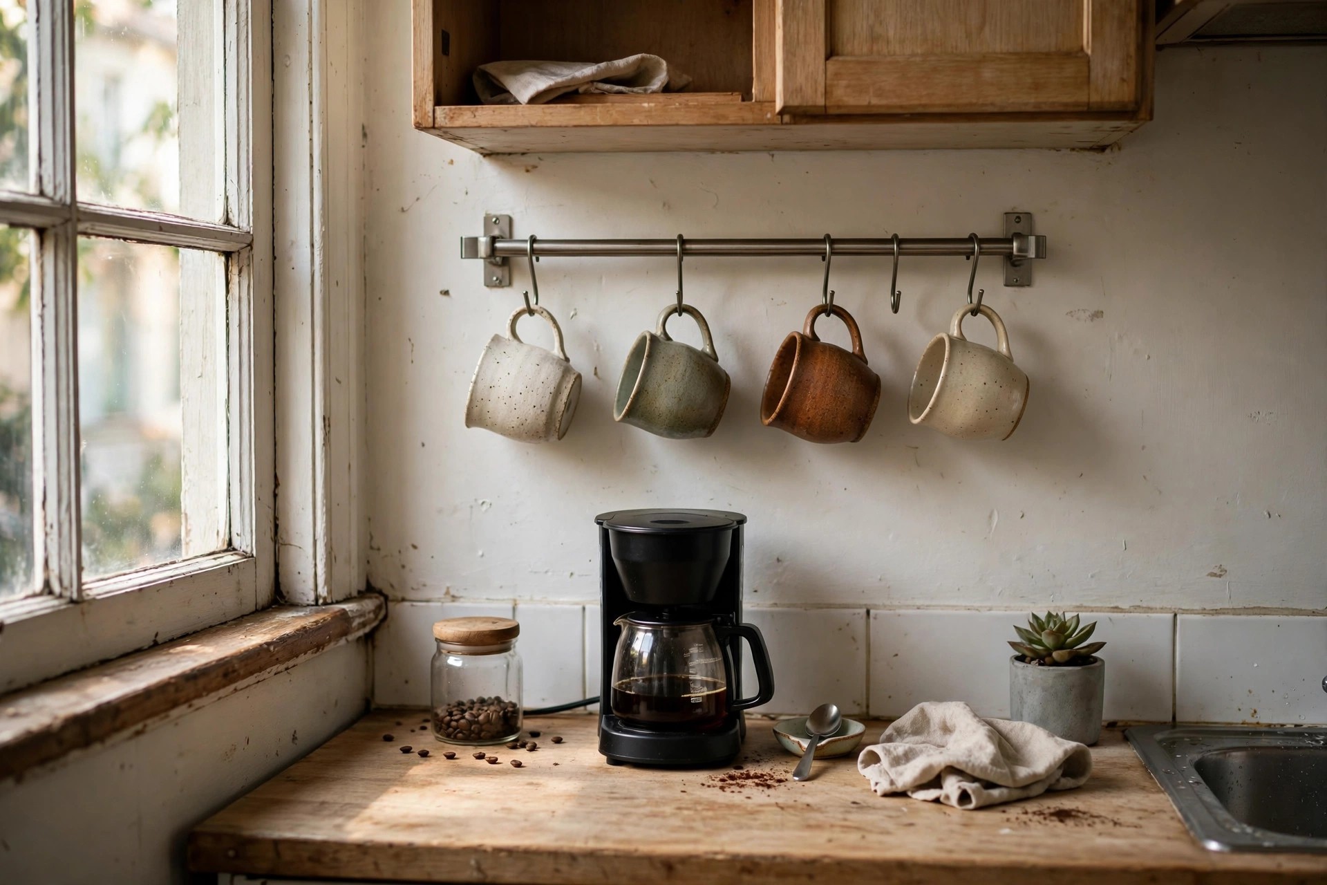 Wall-mounted mug rail above a small coffee maker in an apartment kitchen coffee station