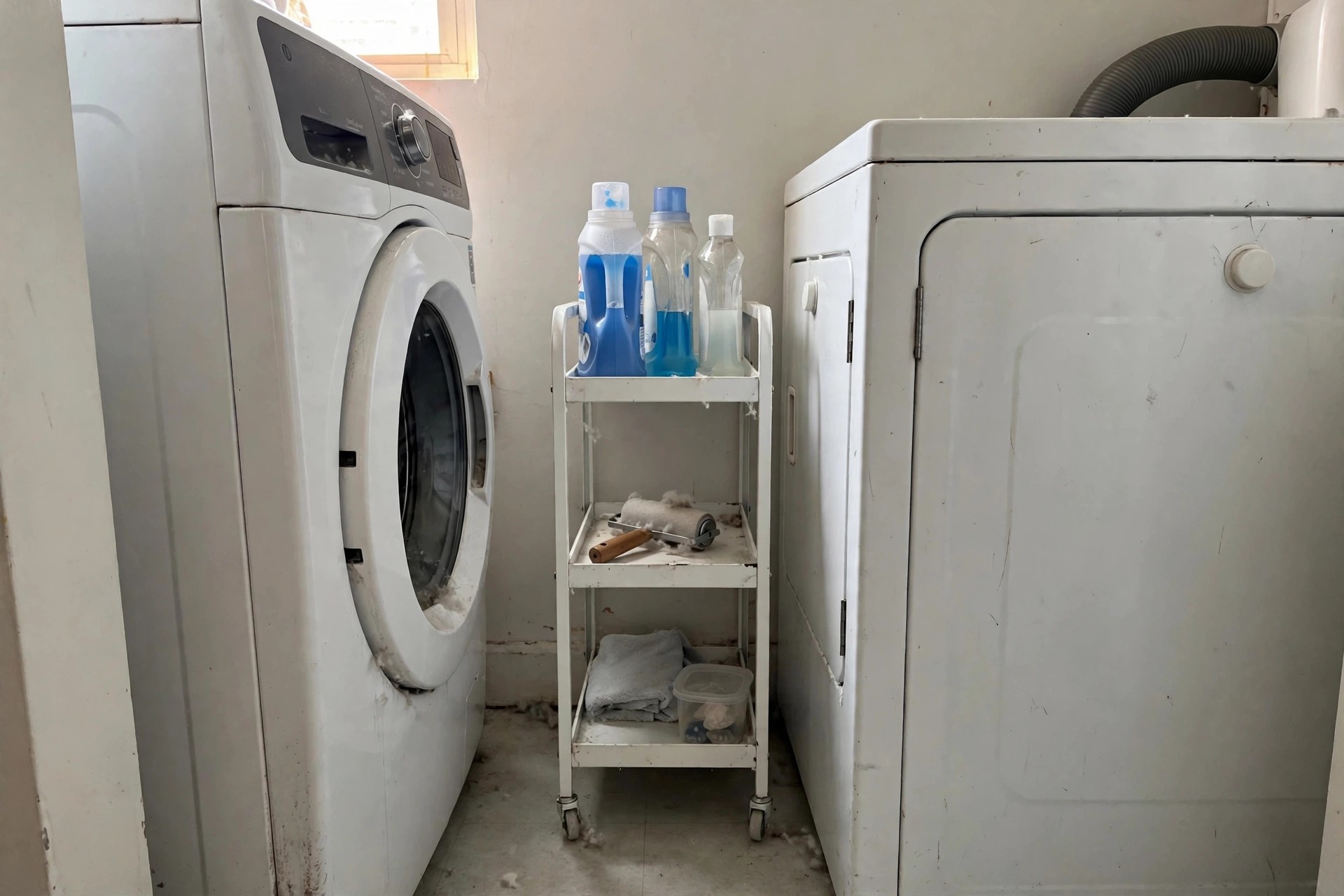 Slim rolling cart tucked between a washer and dryer holding detergent bottles