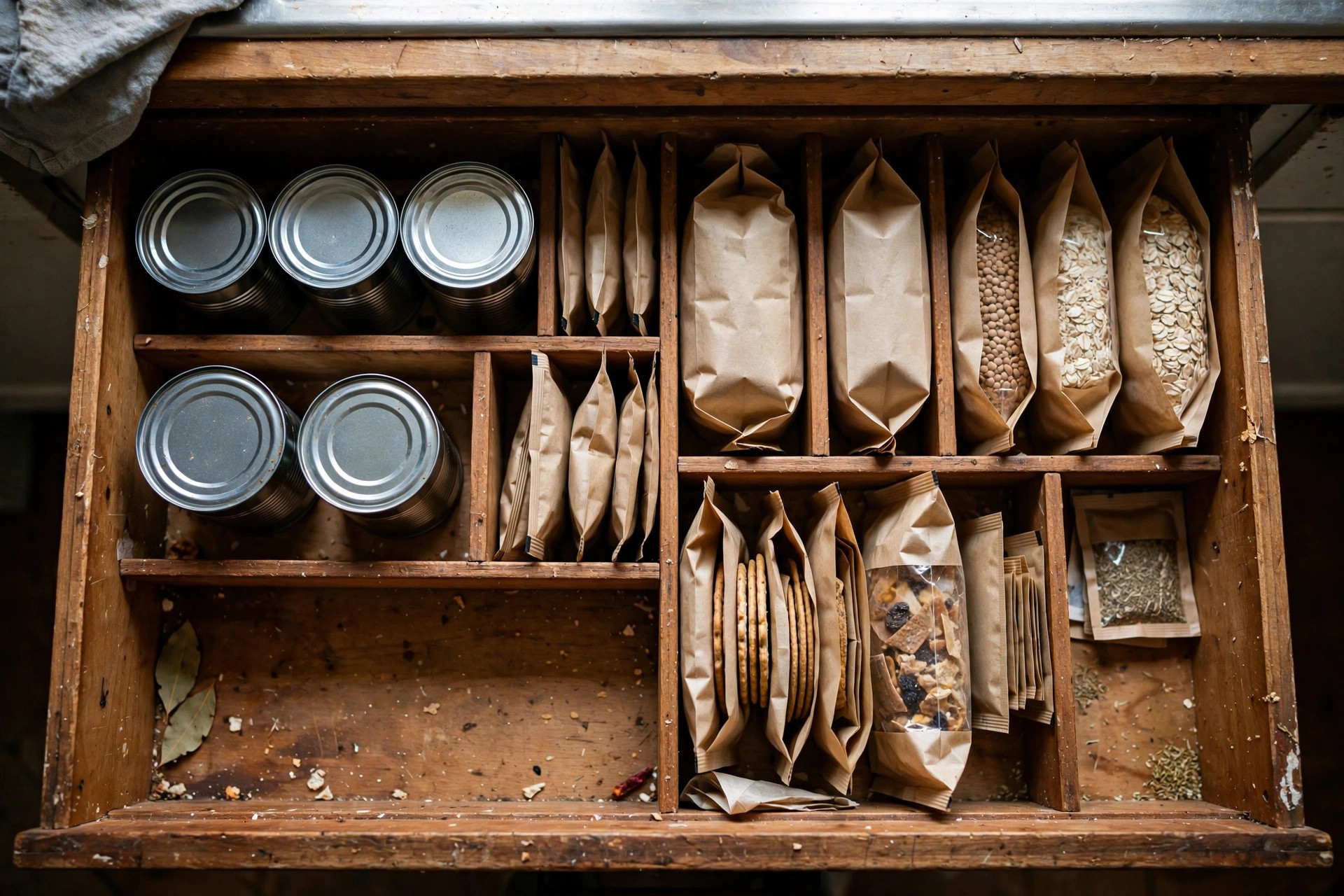 Deep kitchen drawer with dividers holding tins and food packets neatly