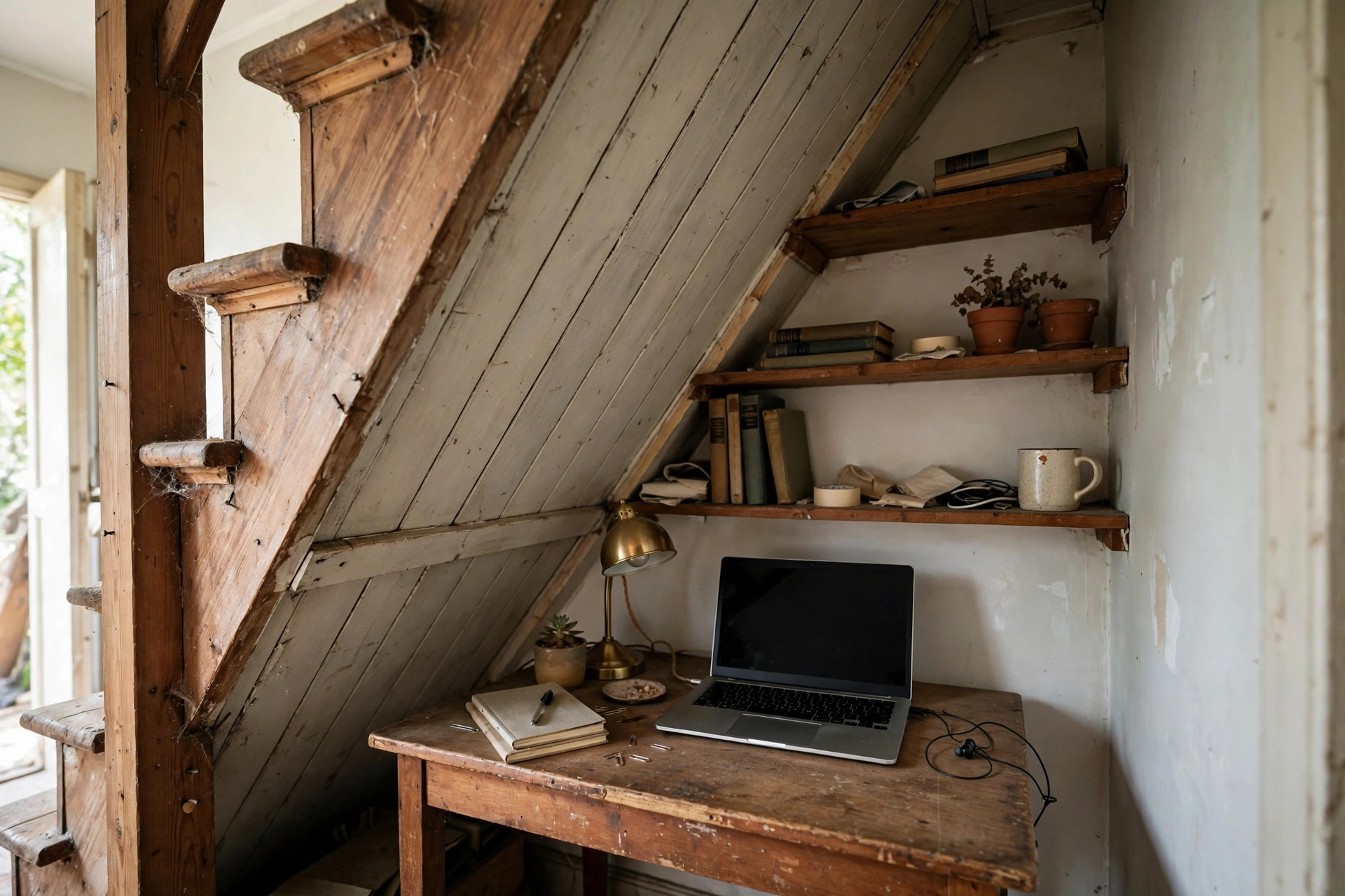 Small office tucked into an under-stairs closet with a compact desk following the sloping ceiling