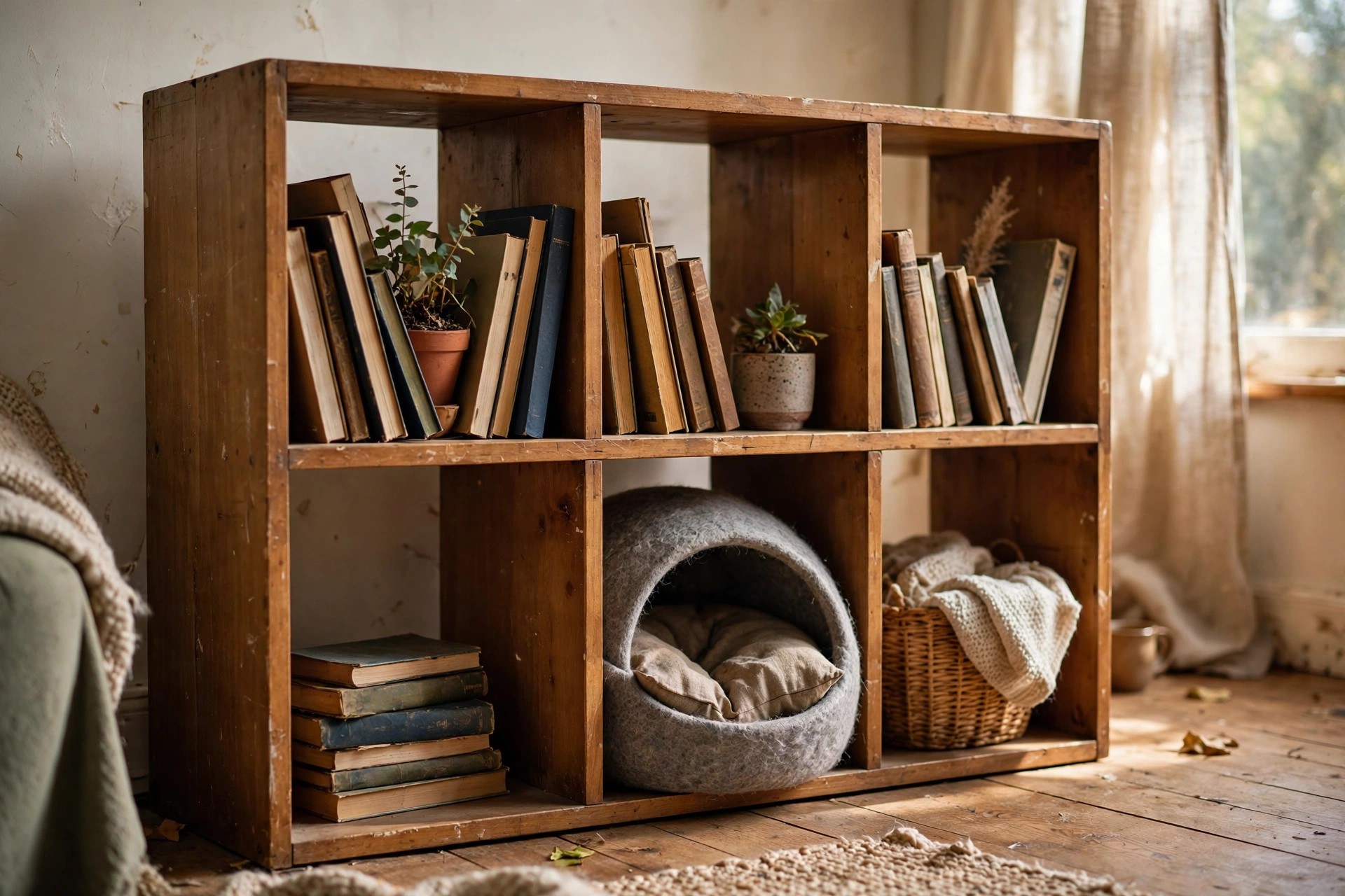 Bookshelf cube in a living room with a cosy cat cave bed tucked inside the lower compartment