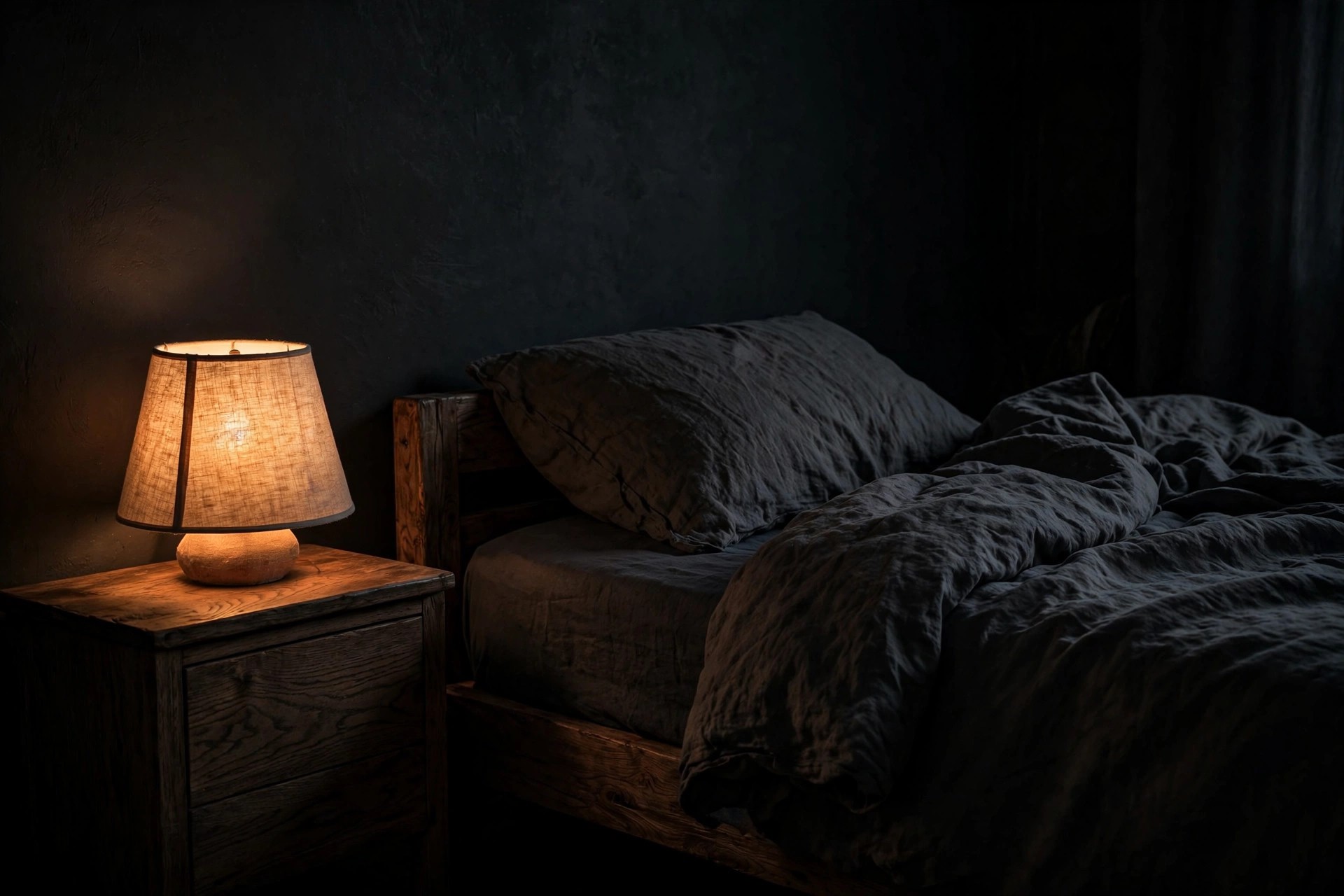 Single low warm bedside lamp glowing softly in an otherwise dark bedroom