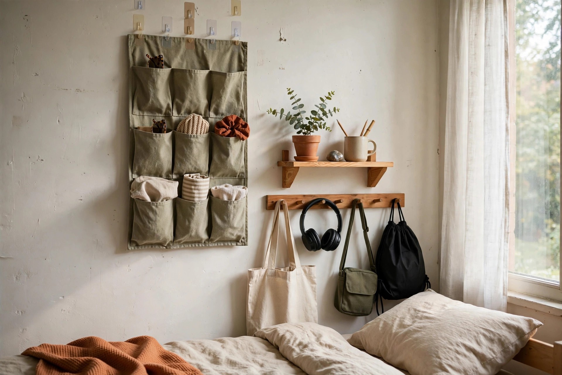 Dorm wall with removable hooks, a hanging fabric pocket organiser and a peg rail holding bags and headphones
