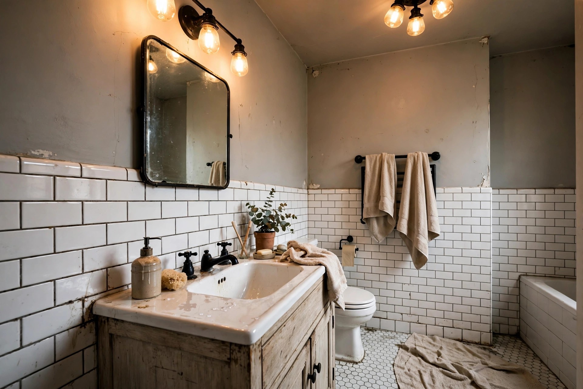 Warm light grey walls in a bathroom with no windows softened by warm bulbs and beige towels
