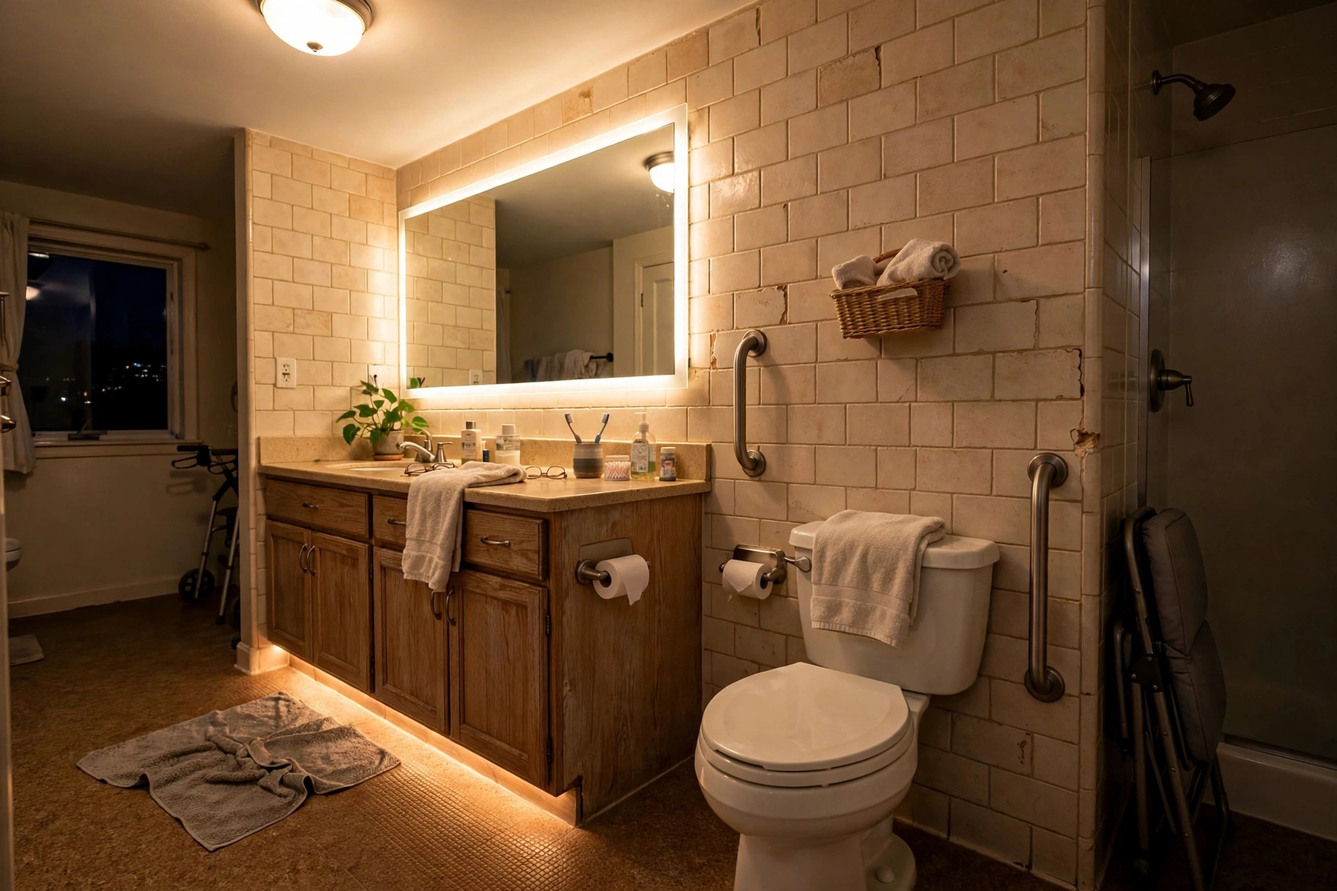 Bright layered lighting with a soft warm glow at floor level in a bathroom for elderly parents at night