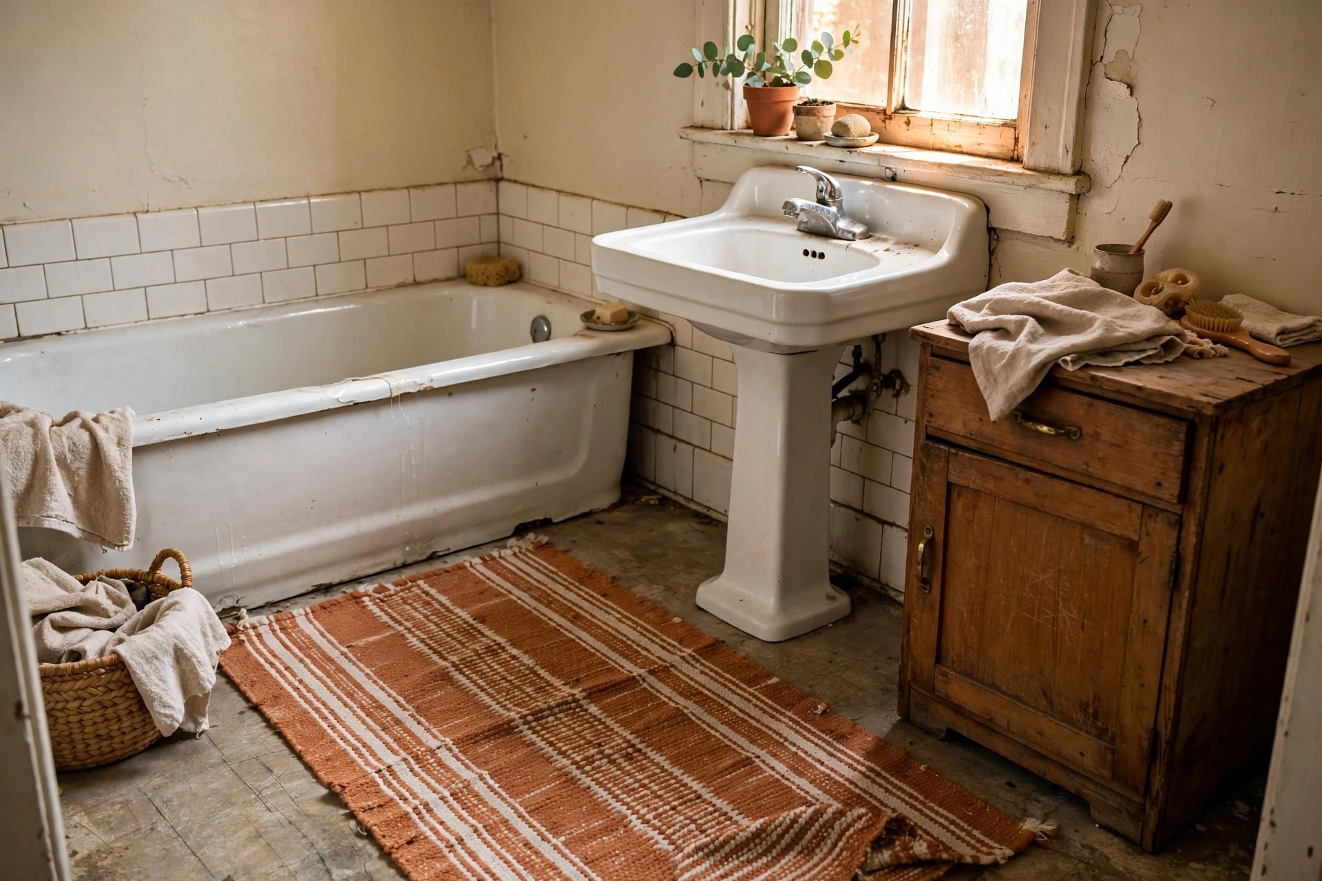 Washable terracotta runner rug on a rental bathroom floor in a renter friendly bathroom idea with no drilling