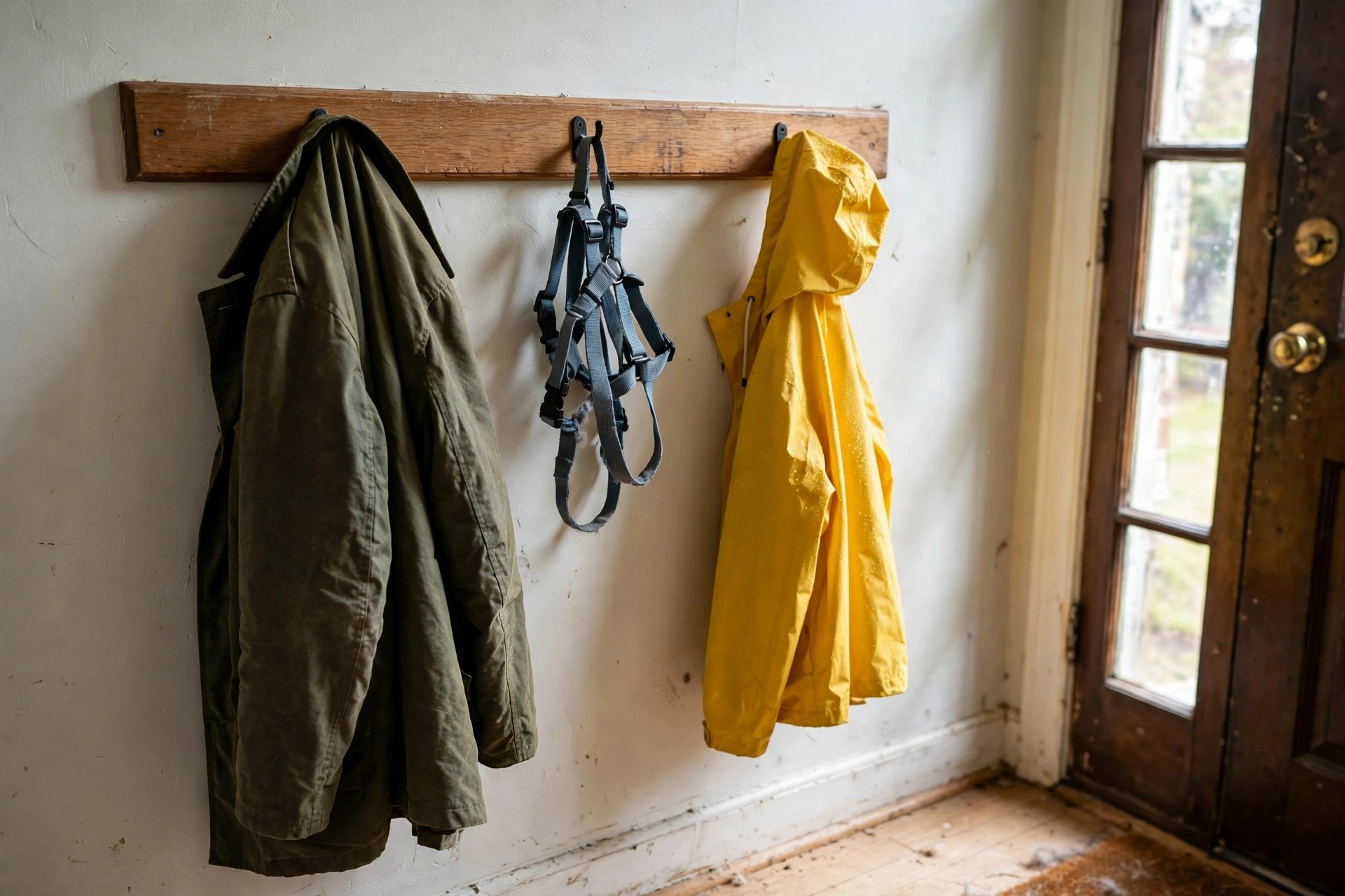 Wall rail with coats and a dog harness hanging in an entryway idea for dog owners