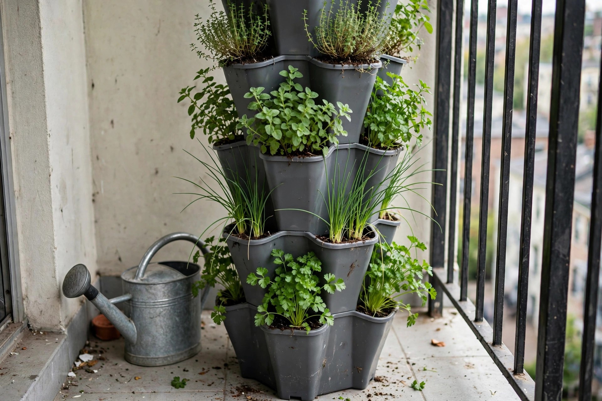 A stackable planter tower growing herbs in its pockets on an apartment balcony herb garden