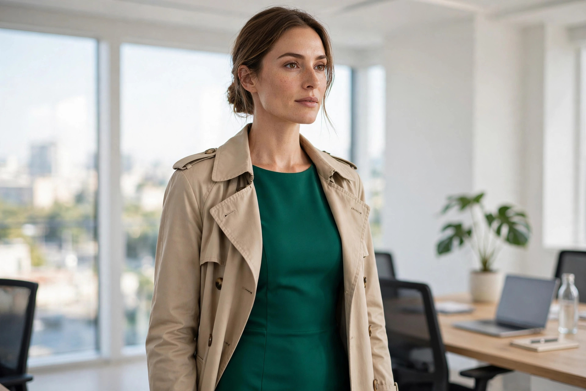 Hourglass woman in a beige trench coat open over an emerald fitted sheath dress in an office