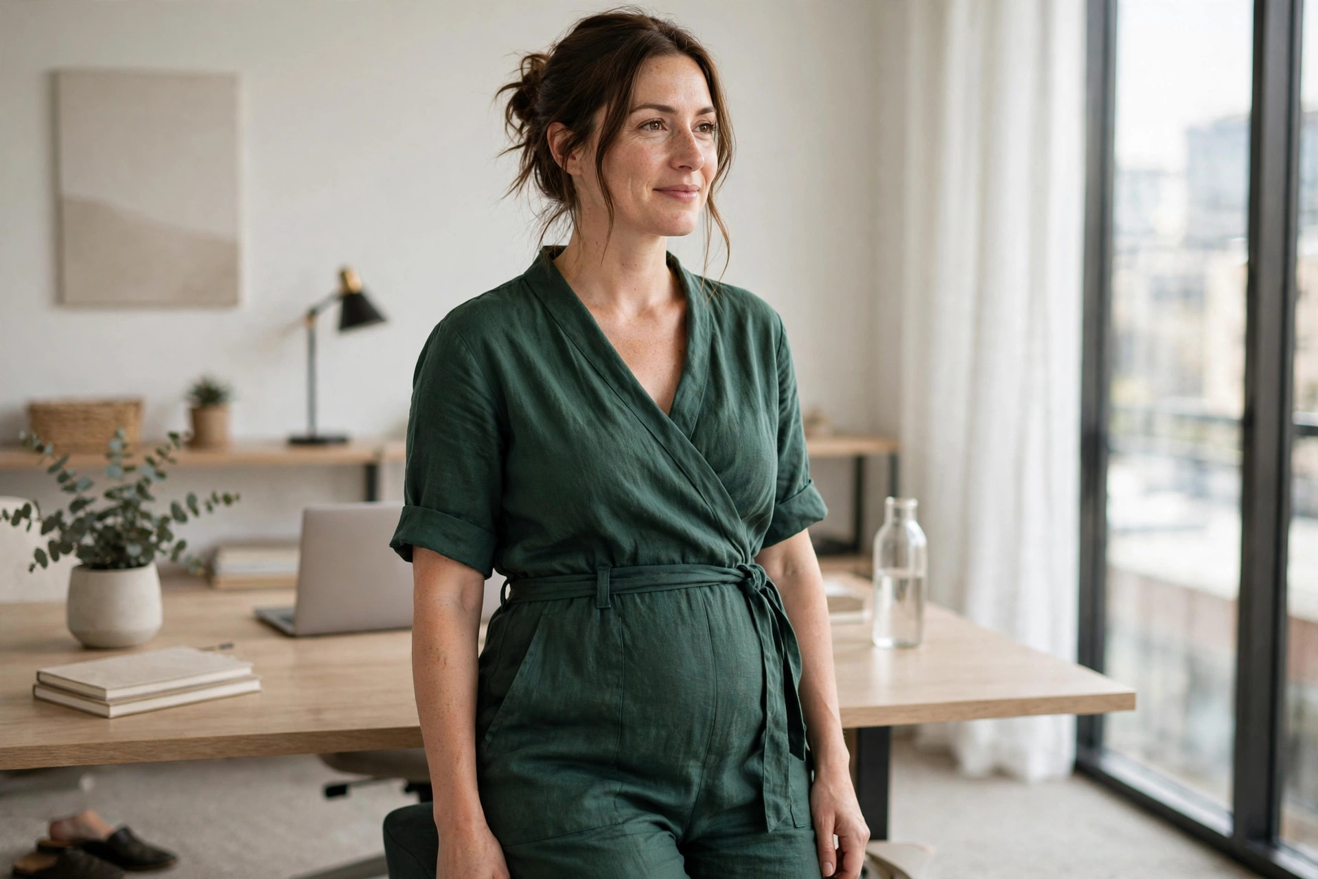 Woman wearing a deep green wrap-front jumpsuit with a tie belt in a modern office