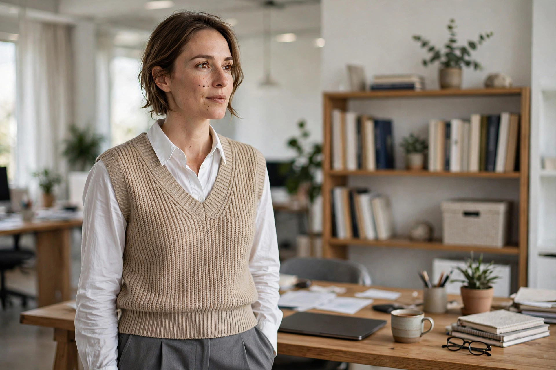 Beige knitted sweater vest over a white button-down shirt with grey tailored trousers