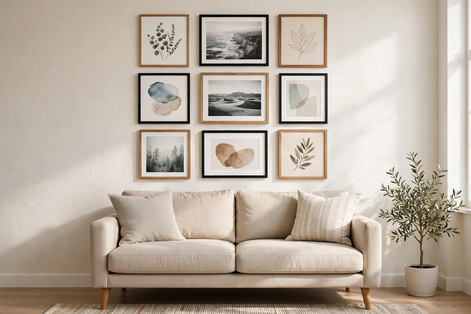 Gallery wall of nine framed botanical and landscape prints in wood and black frames above a beige sofa