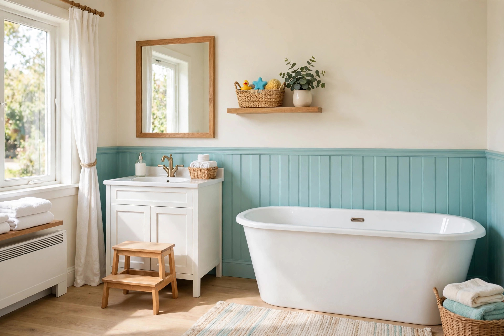 Bathroom with aqua washable paint on the lower wall and cream above, a kids bathroom idea for toddlers