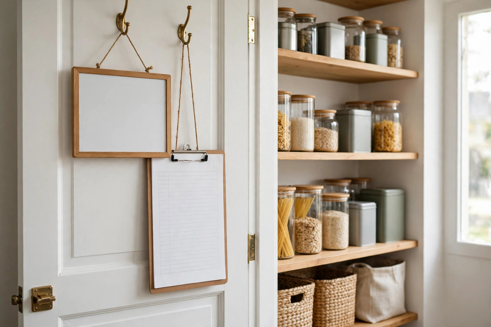 Blank whiteboard and clipboard inventory list hanging inside a pantry door beside organised shelves
