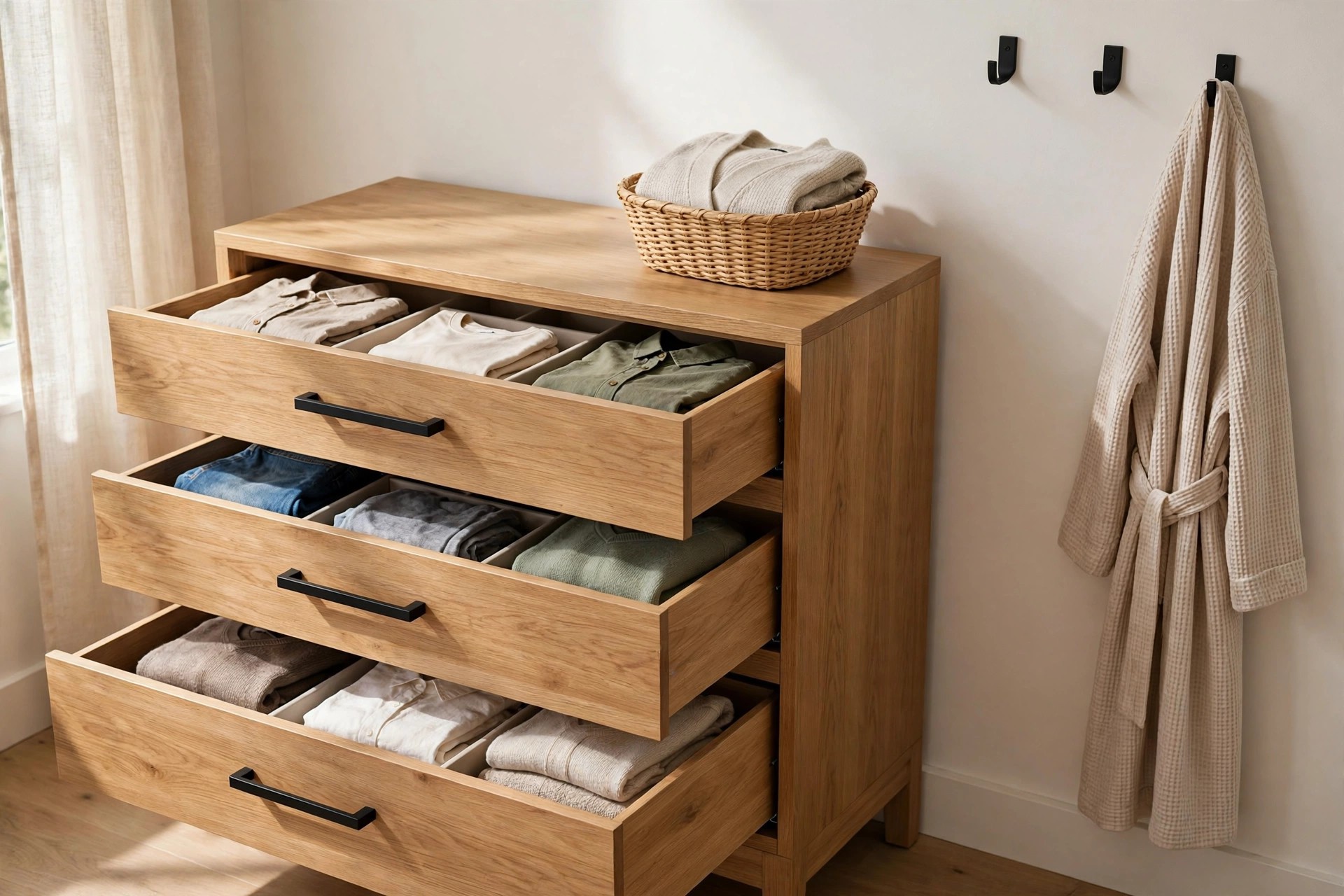 Open drawers with wide bar handles and neatly folded clothes, with a basket and a dressing gown on wall hooks