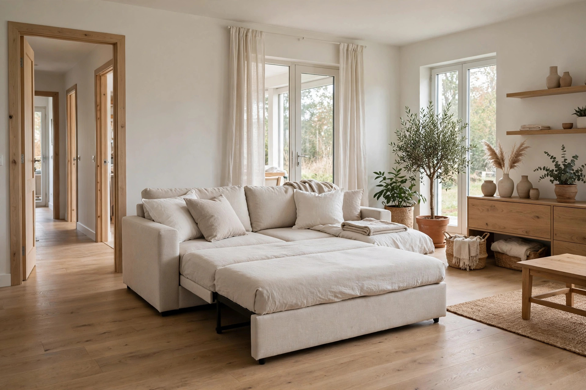 Open sofa bed with a clear walking path from the doorway, a practical sofa bed living room idea