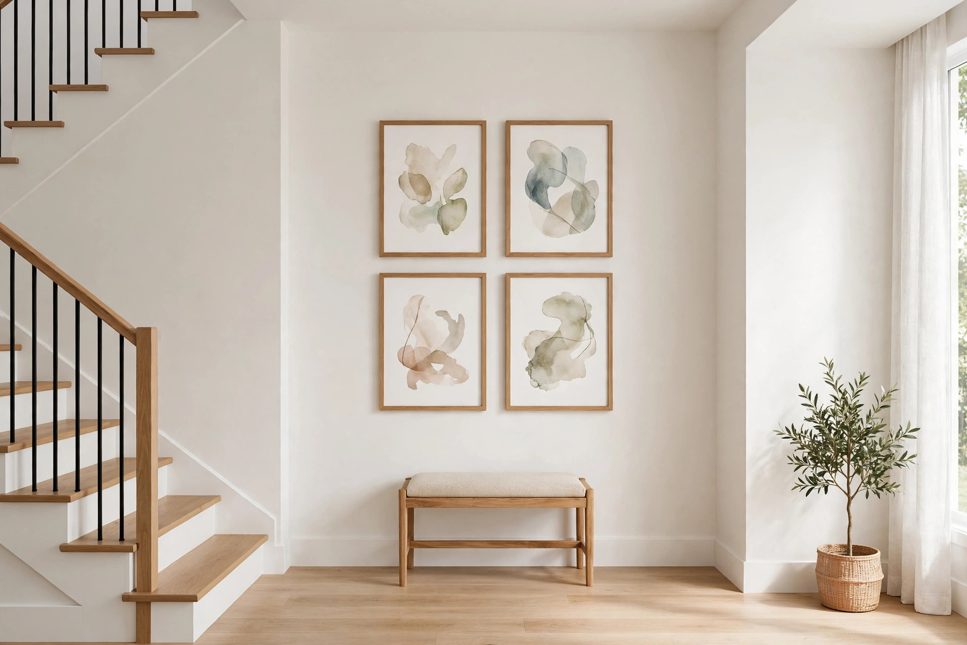 Four matching framed prints above a bench on a staircase landing wall