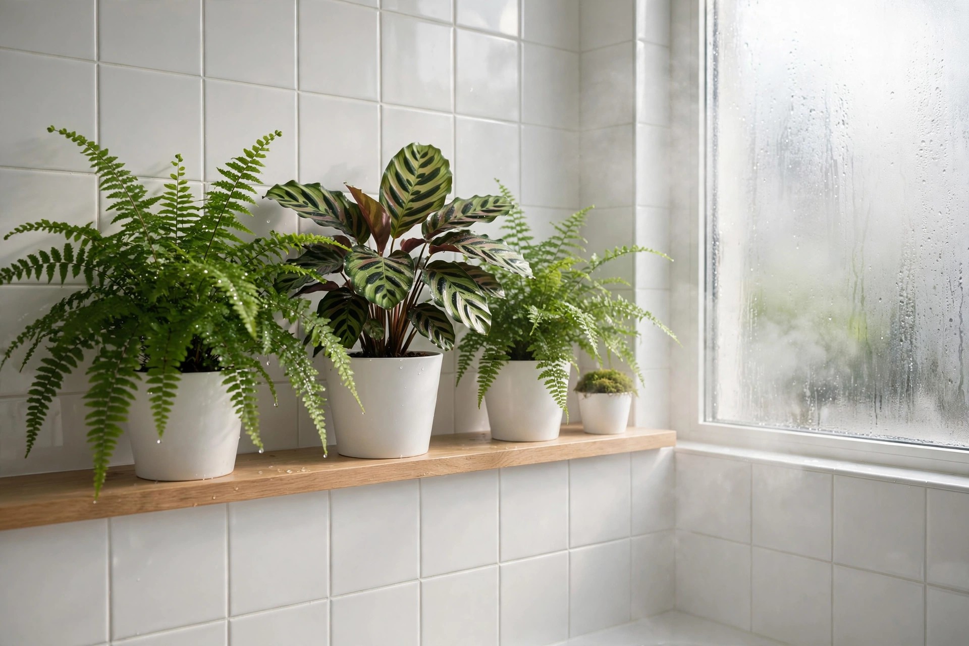 Bathroom humidity garden with ferns and a calathea in white pots on a wooden shelf beside a steamed frosted window