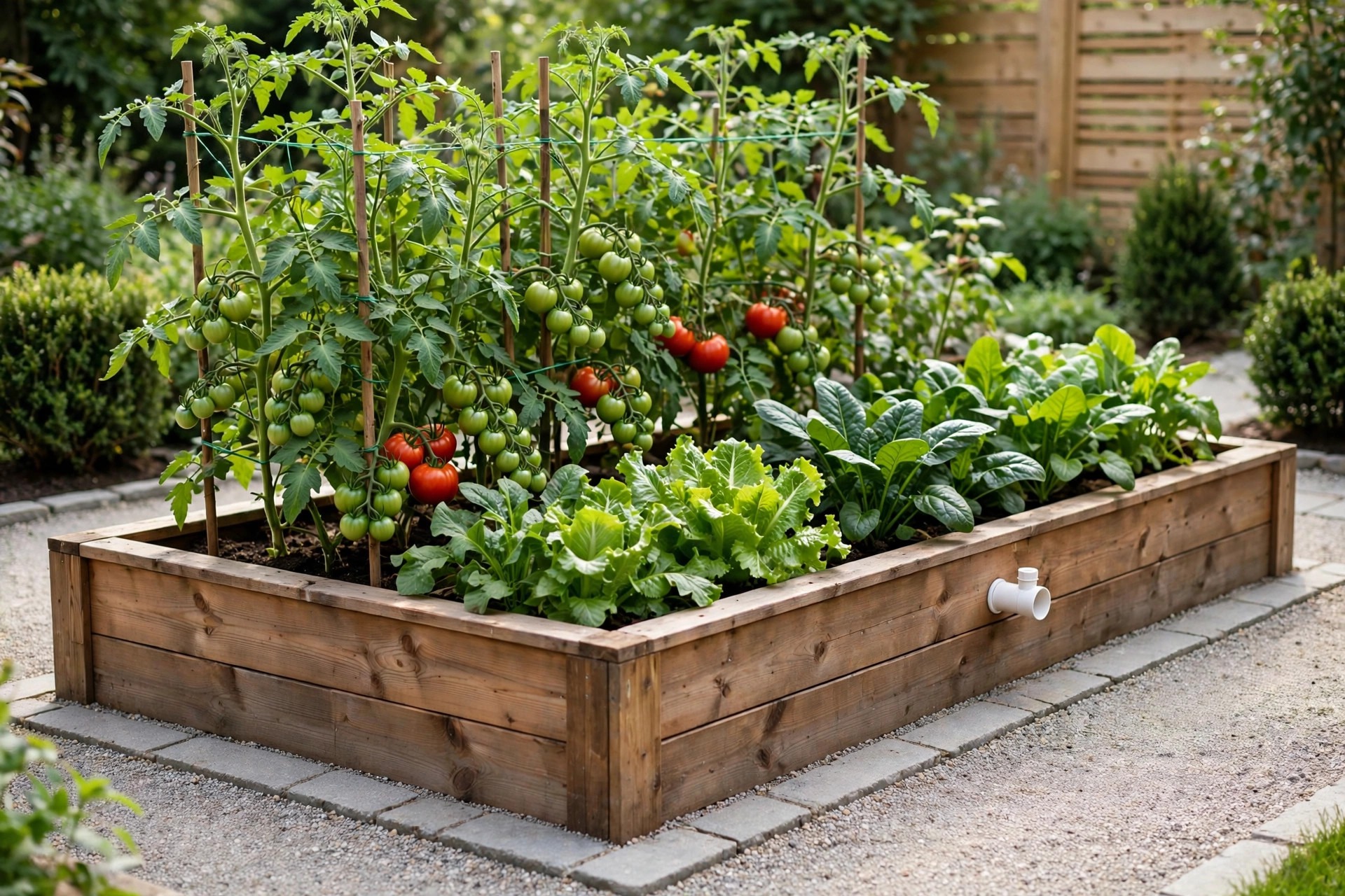 Wicking raised bed with a water inlet pipe growing tomatoes and leafy greens
