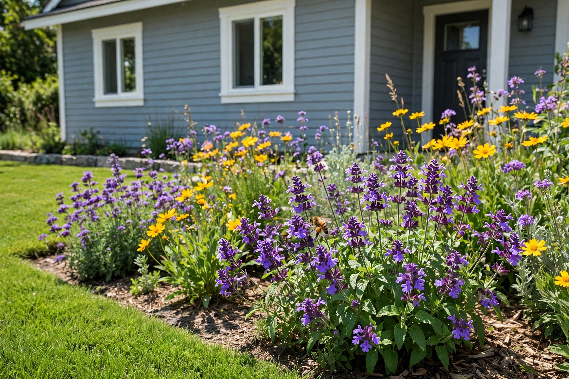 Pollinator flower patch with purple salvia, yellow blooms and a bee in a front garden