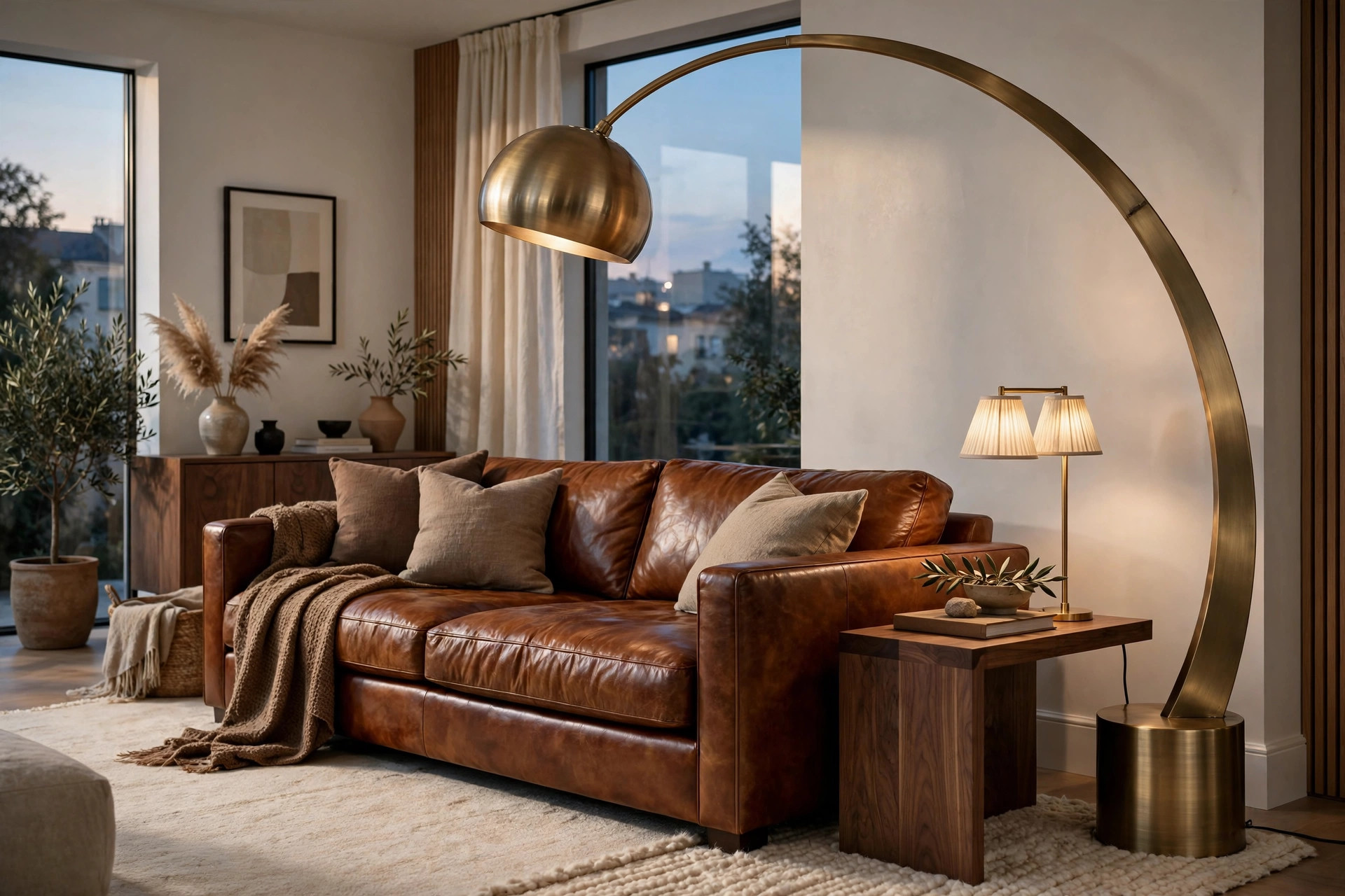 Sculptural brushed brass arc floor lamp over a brown sofa in a modern living room