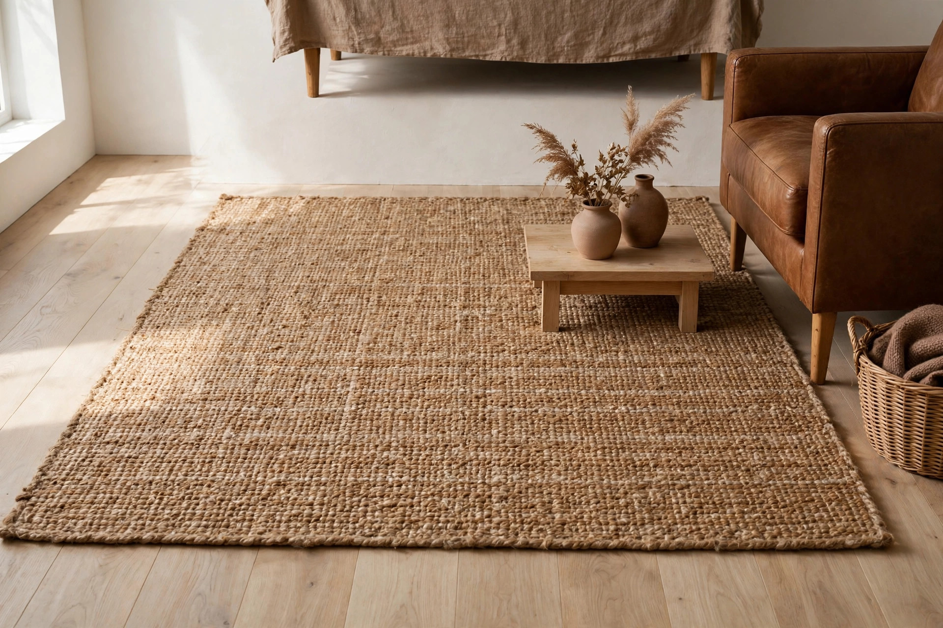 Natural jute and wool flat-weave rug grounding the seating area of a minimalist brown living room