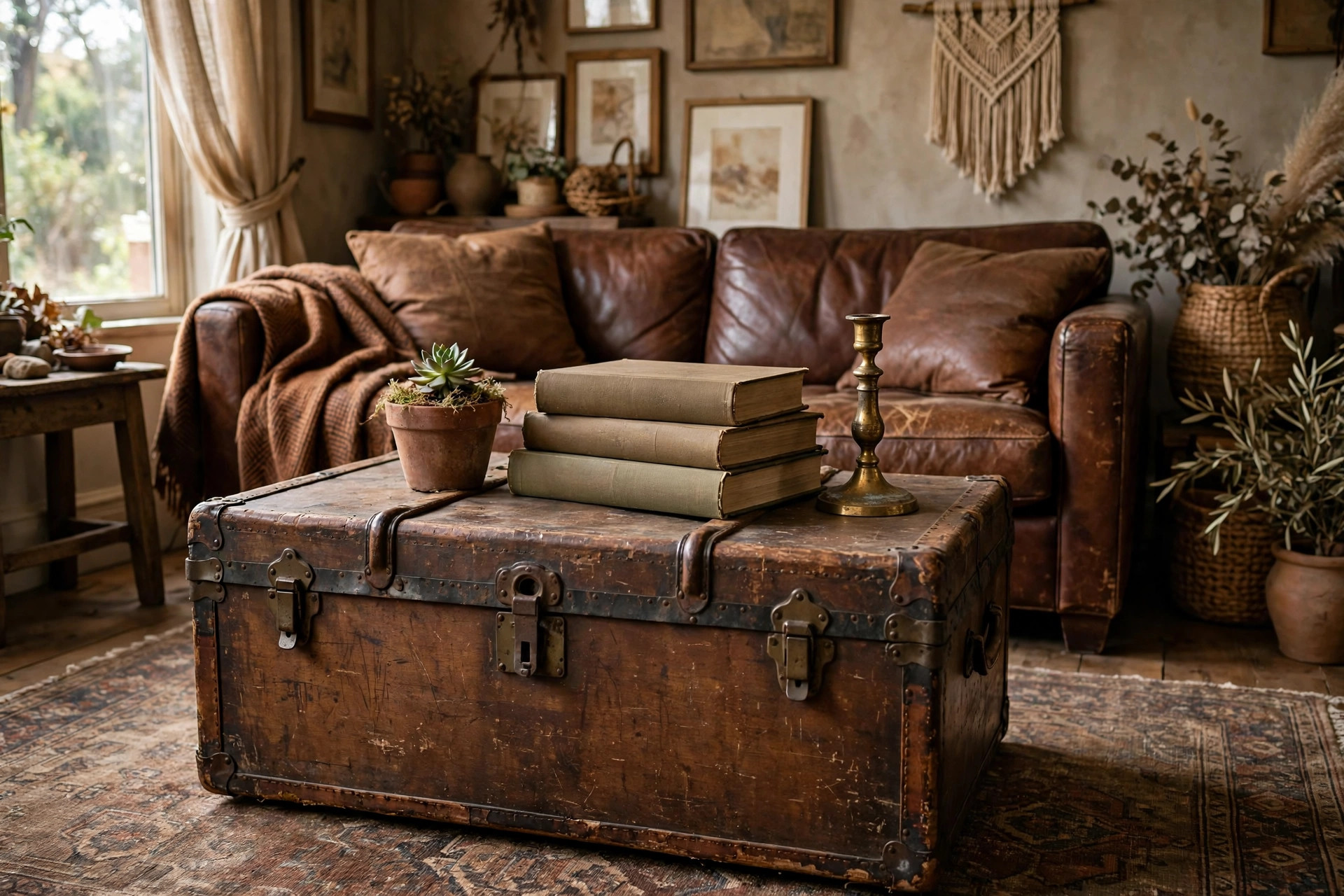 Antique wooden travel trunk used as a coffee table in an eclectic brown living room with a leather sofa and layered textiles