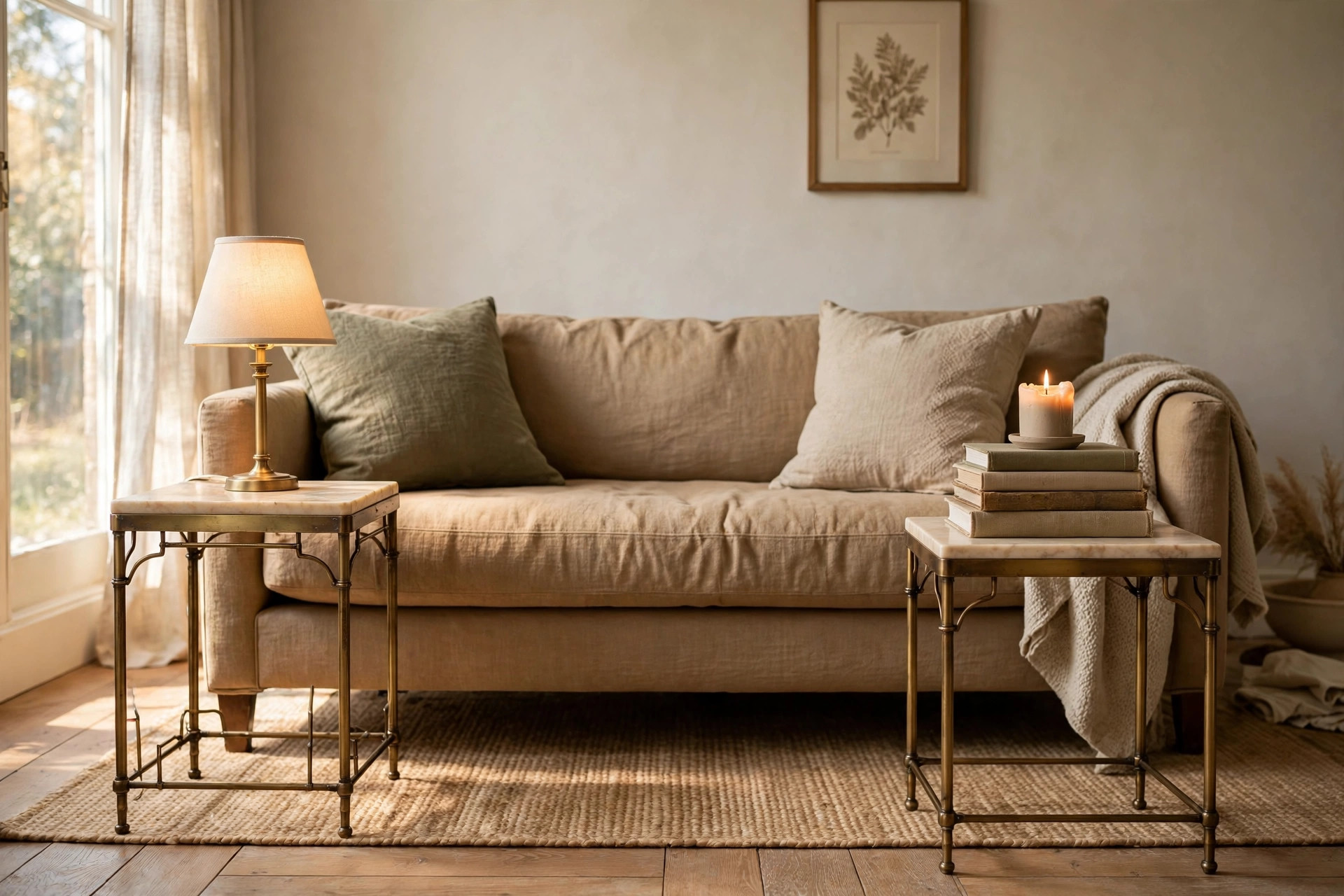 Brass and marble side tables beside a tan sofa in a brown and gold living room