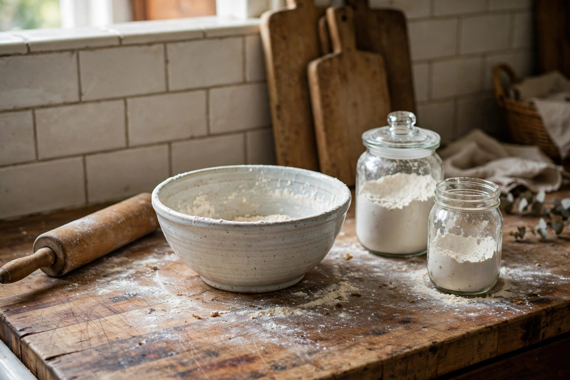 Home baking corner with a butcher block counter, wooden rolling pin, ceramic mixing bowl and bread boards