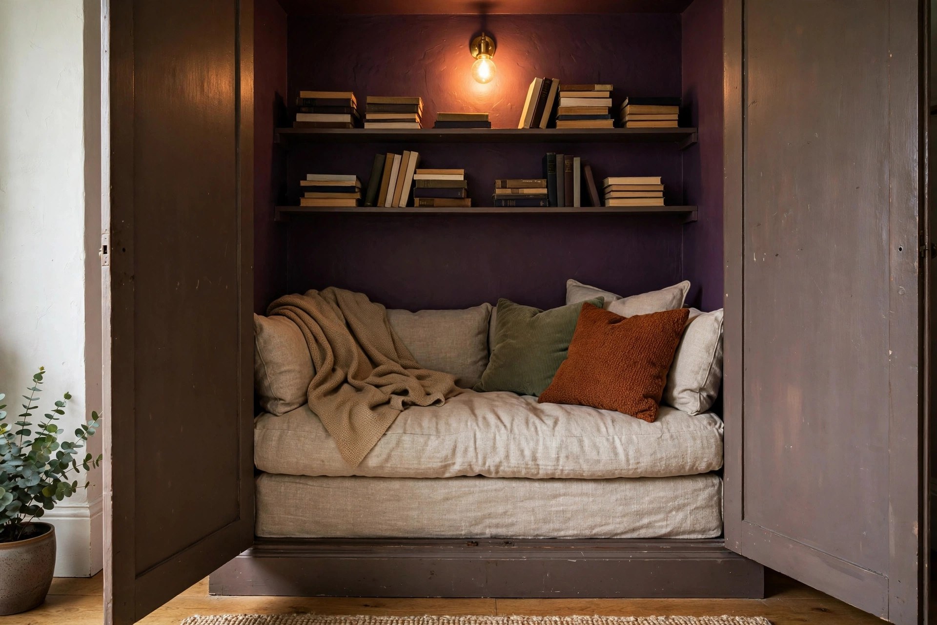 Wardrobe converted into a snug bedroom reading nook with a cushioned seat and shelves inside