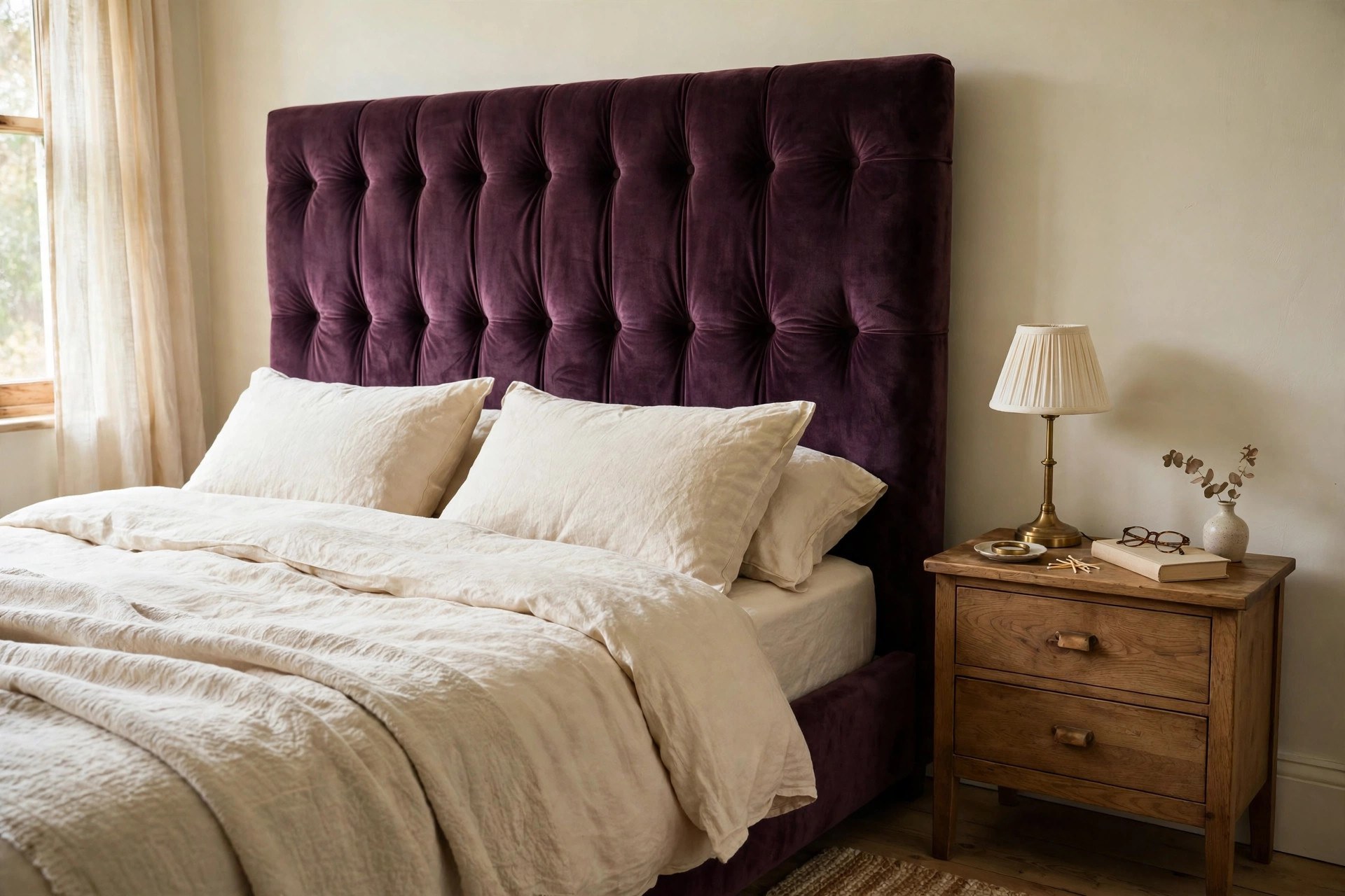 Deep plum velvet headboard as the statement piece of a cream and plum bedroom