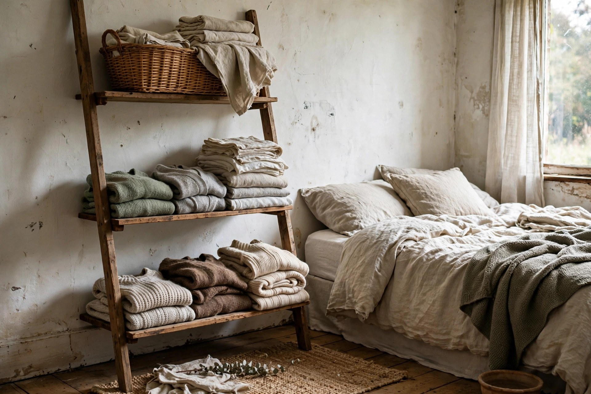 Leaning ladder shelf with folded knitwear and linens in a bedroom with no closet