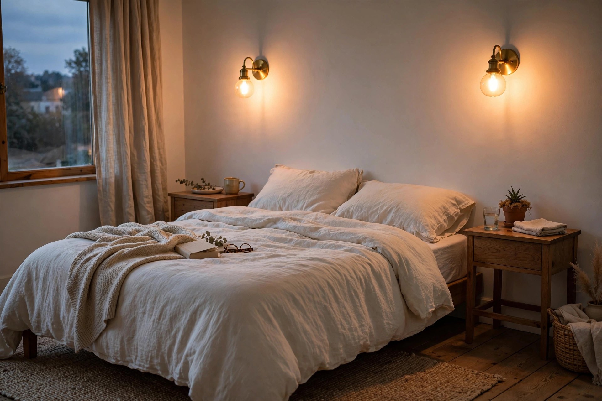 Pair of brass wall sconces glowing above a bed with no headboard at dusk, lighting as above bed decor