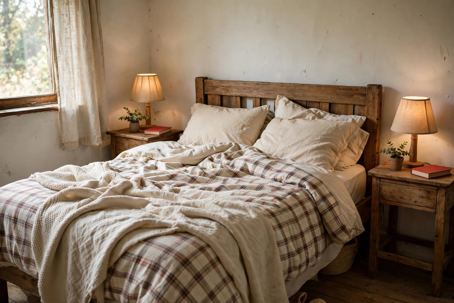 Matching festive nightstands with small lamps and greenery in a Christmas bedroom