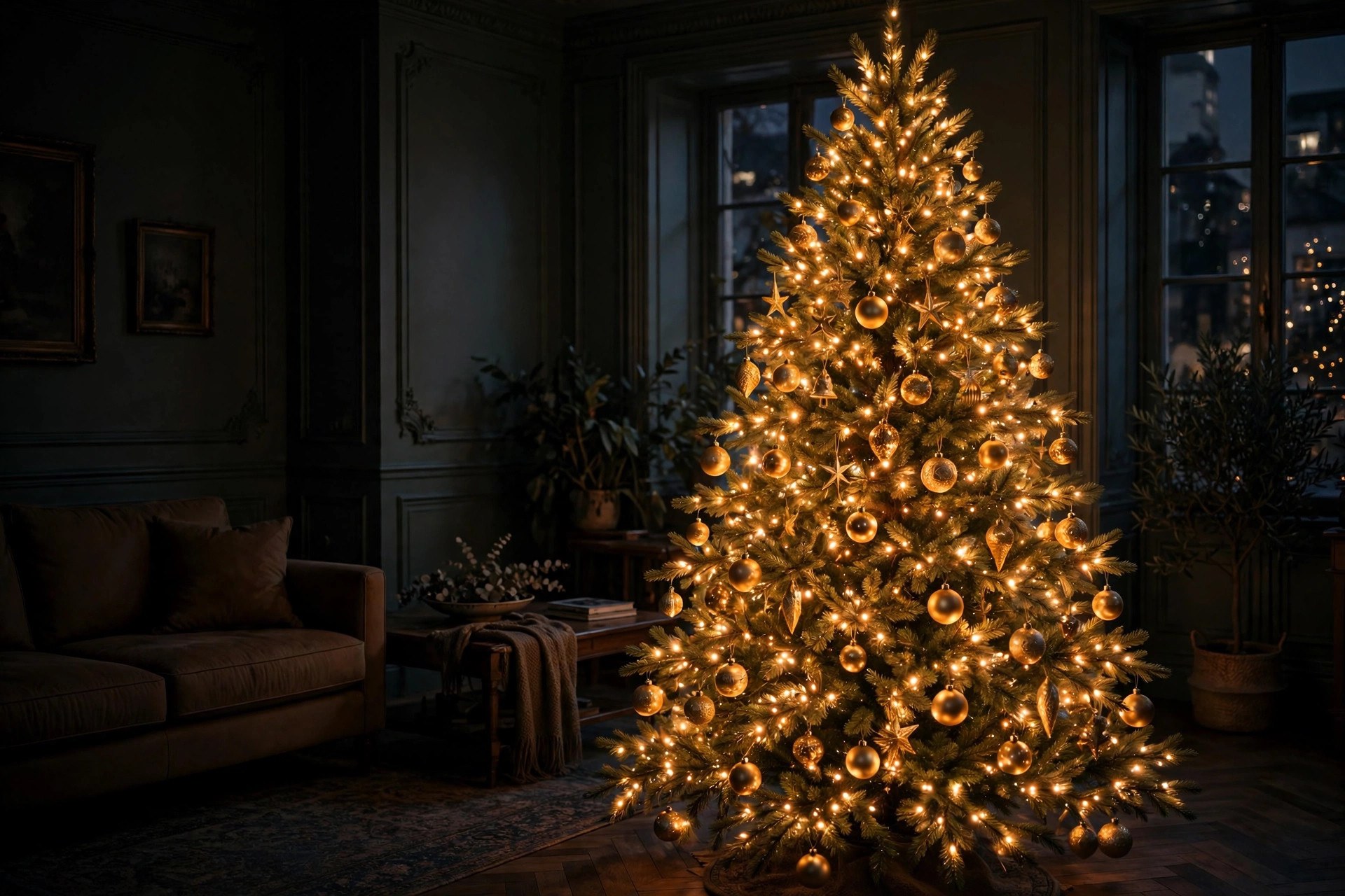 Christmas tree glowing with warm white fairy lights and gold ornaments at dusk