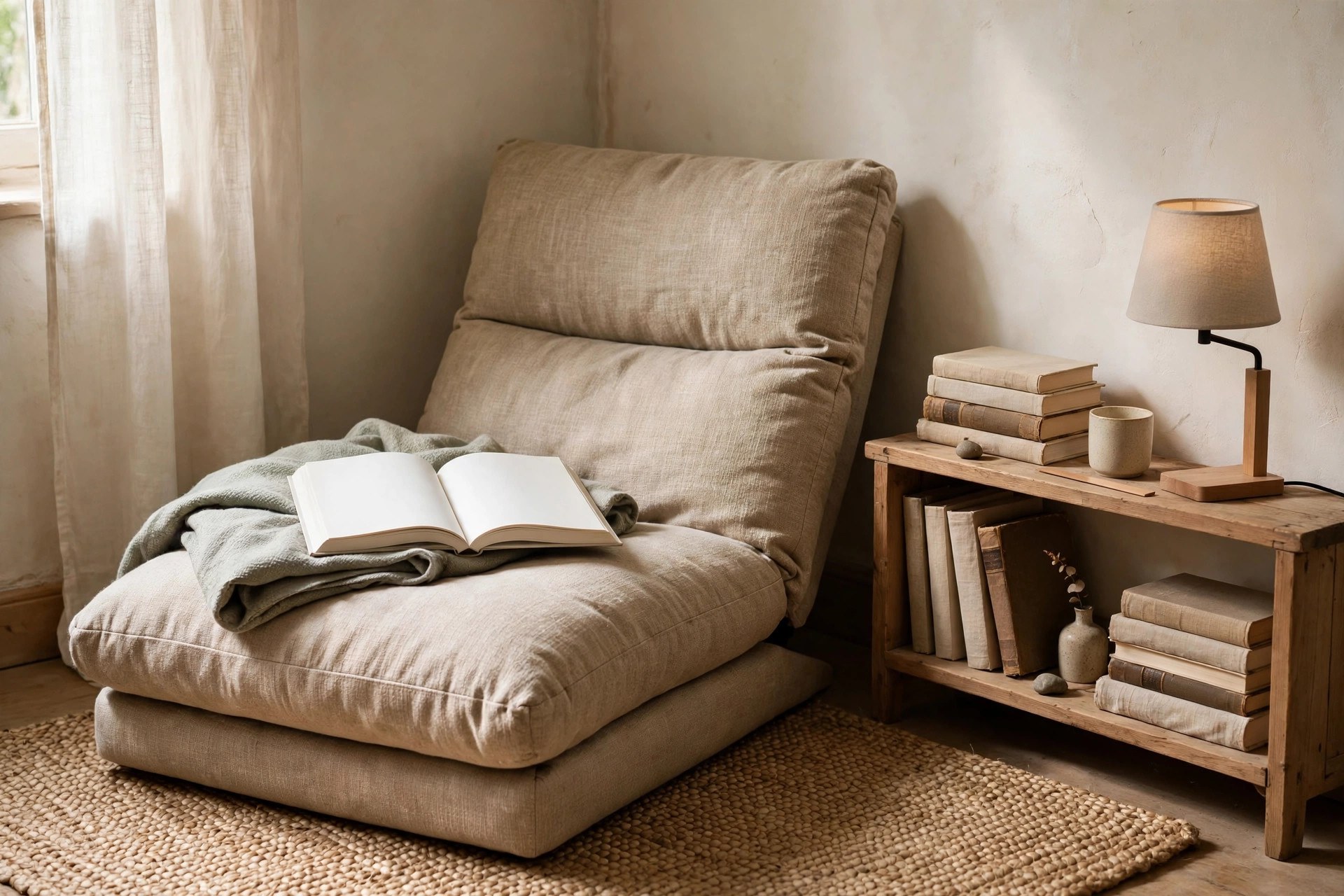 Low linen floor chair on a woven mat next to a low bookshelf, a floor-level reading chair for small spaces