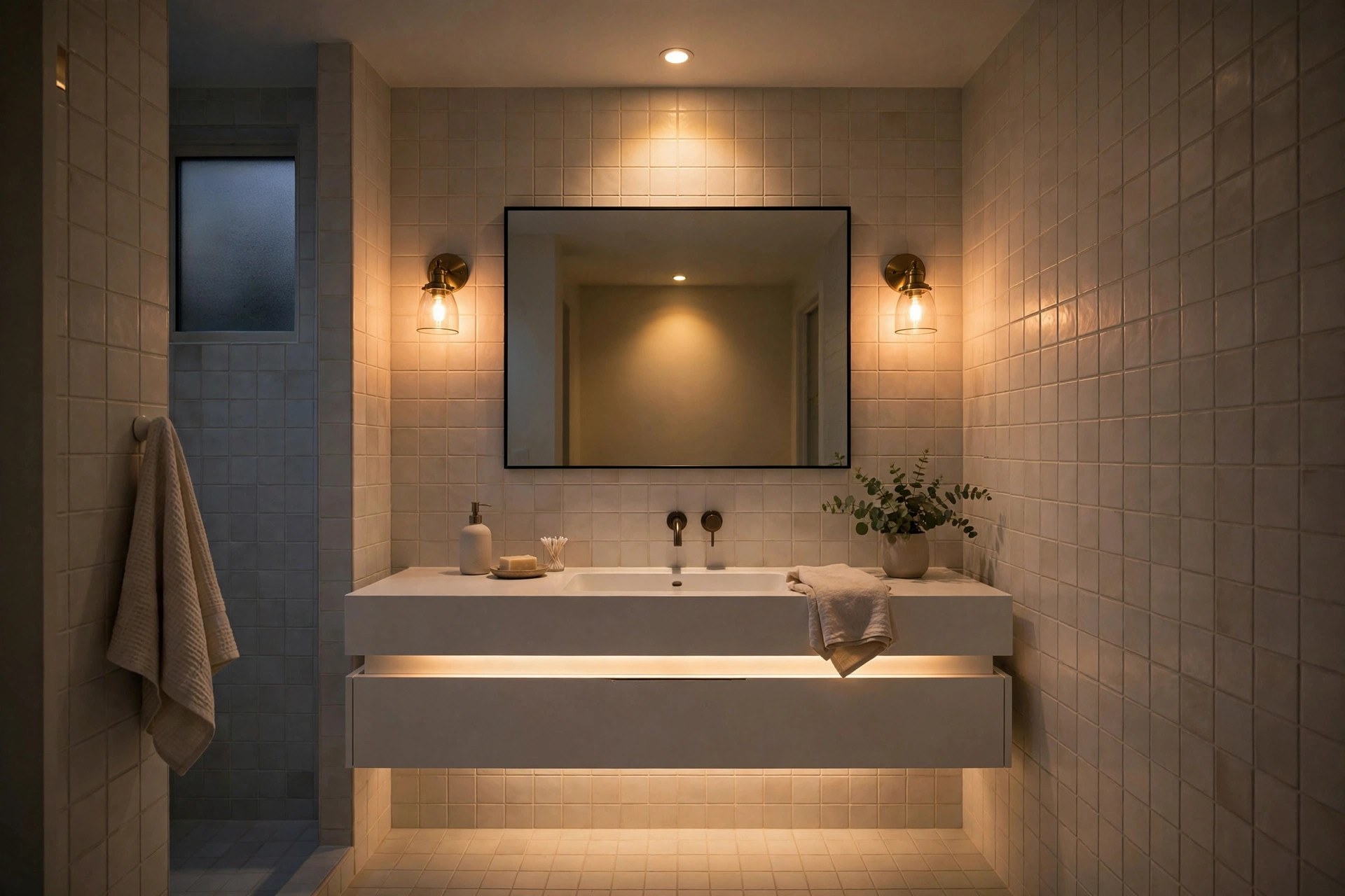 Layered lighting in a small bathroom with mirror lights and warm ceiling light
