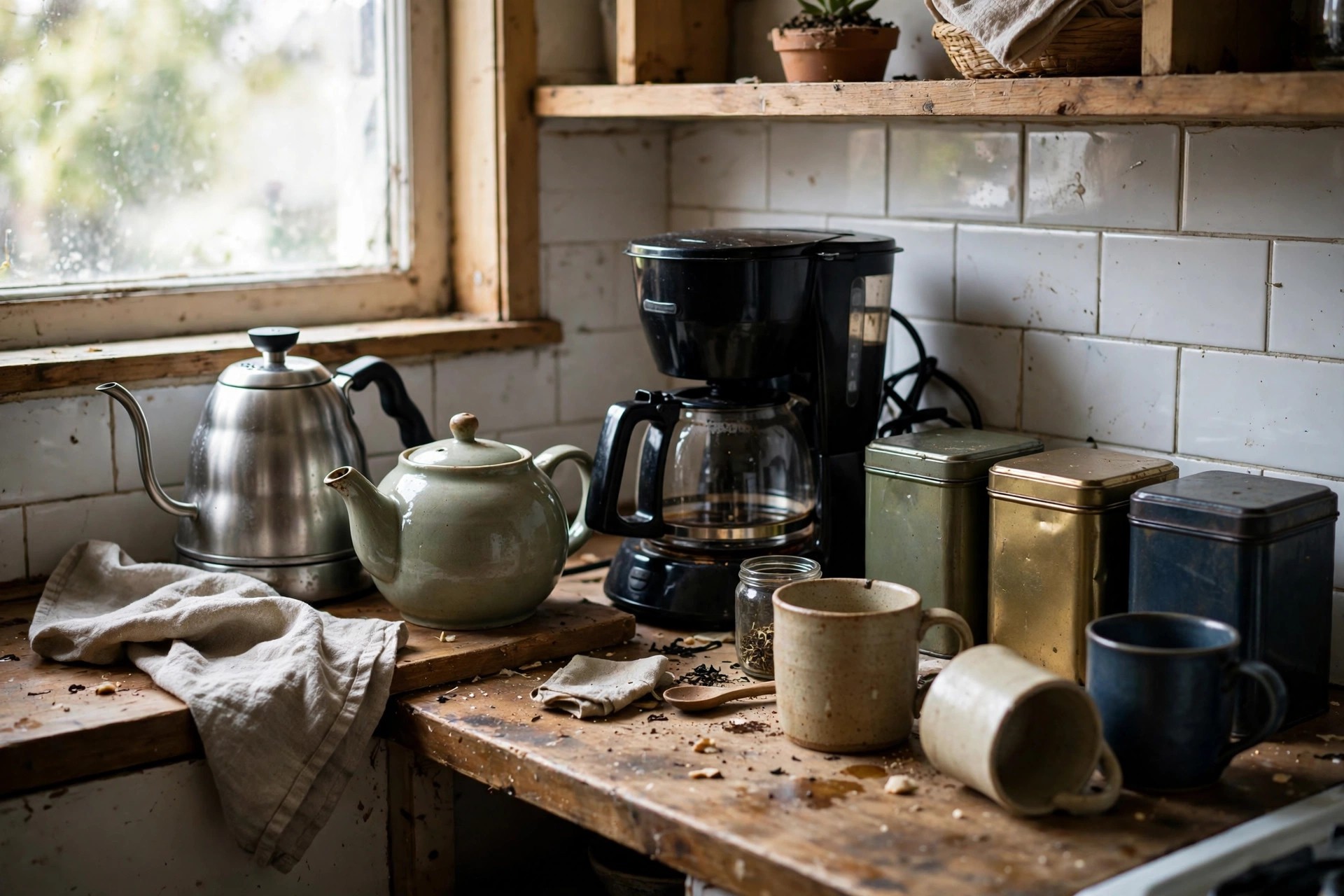 Combined tea and coffee station with a kettle, teapot, coffee maker, tins and mugs on a narrow counter