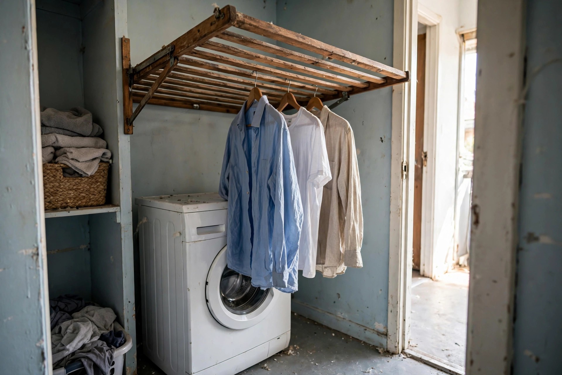 Wall-mounted folding drying rack with shirts hanging inside a laundry closet