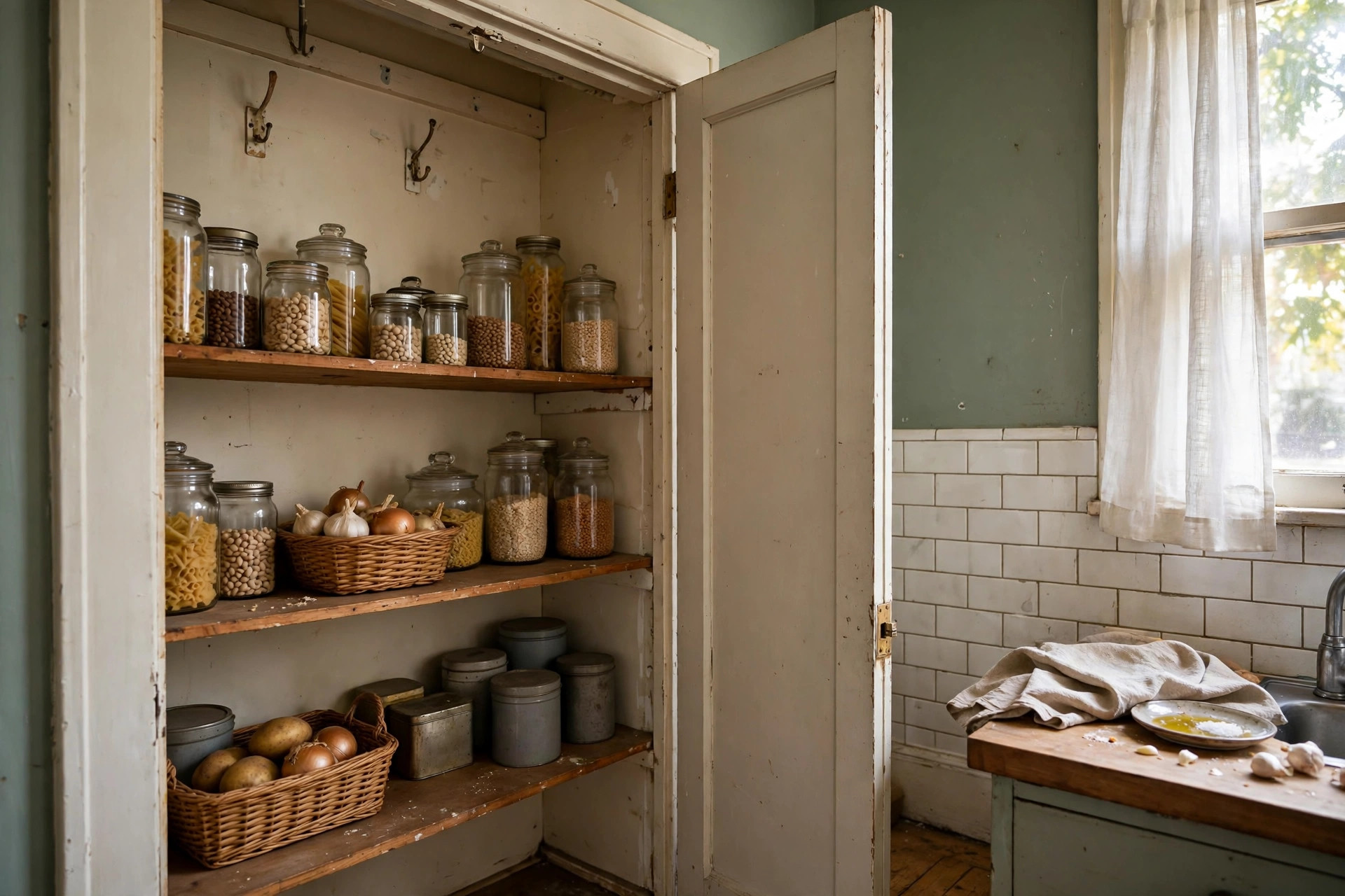 Converted coat closet near a kitchen used as a pantry with shelves of food