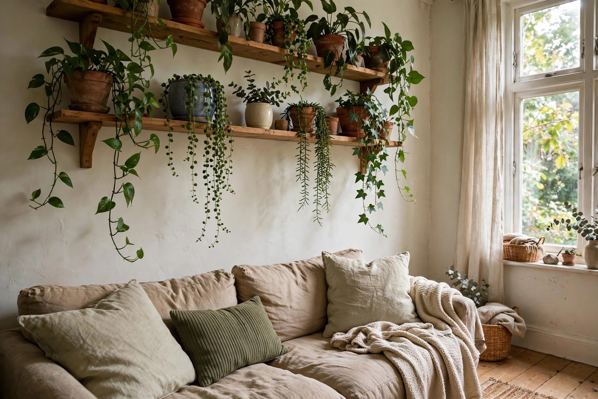 Cat-safe green plants on high living room shelves out of a cat's reach above a sofa