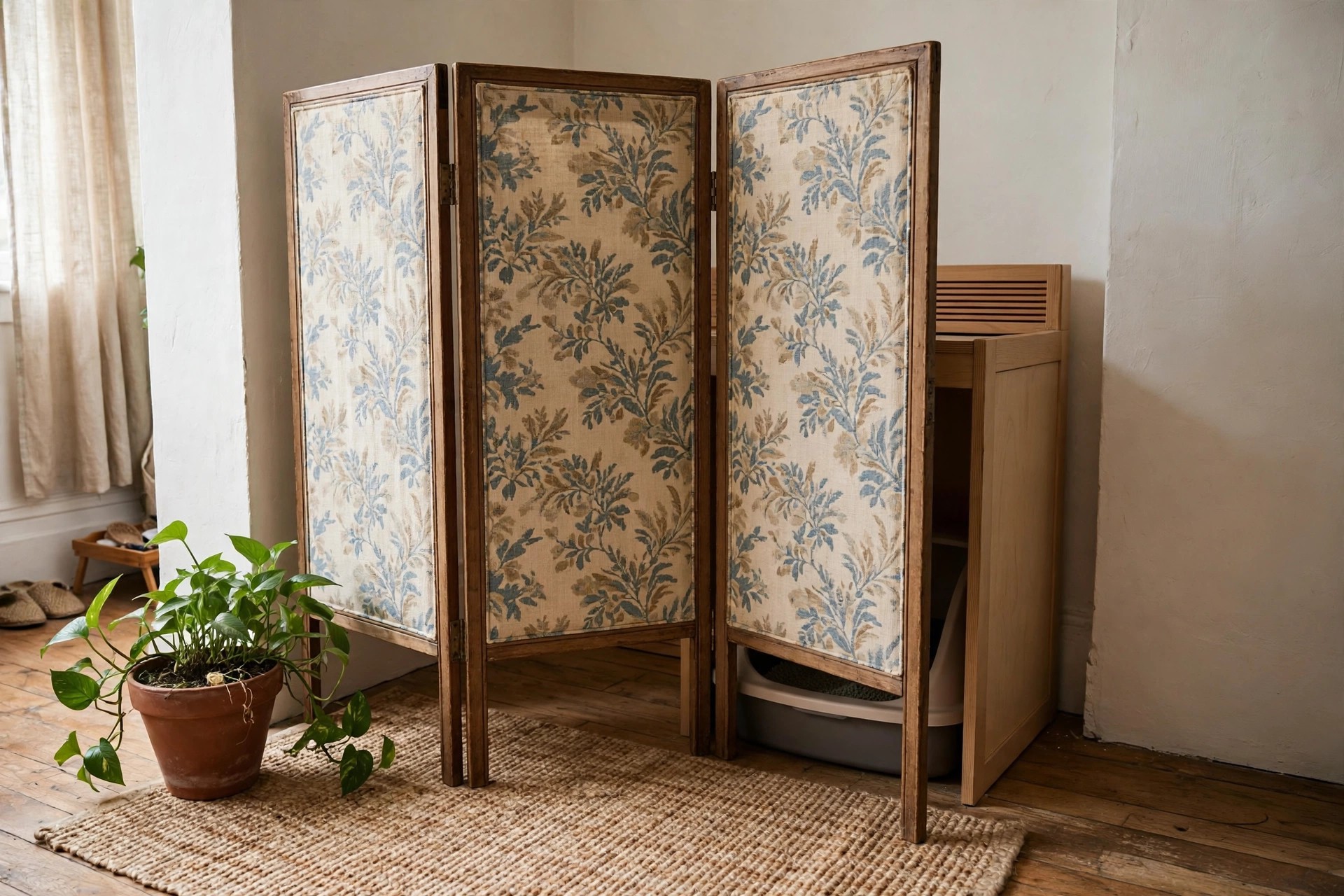 Folding screen standing around a corner litter box setup in a small apartment