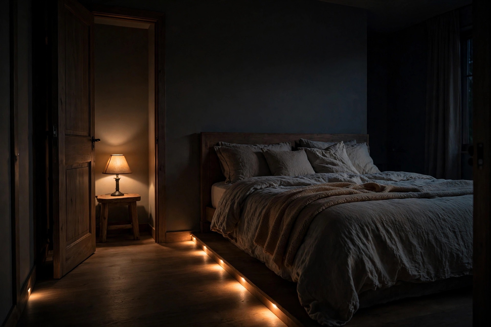 Low warm pathway lighting glowing softly along the floor from a bedroom door towards the bed