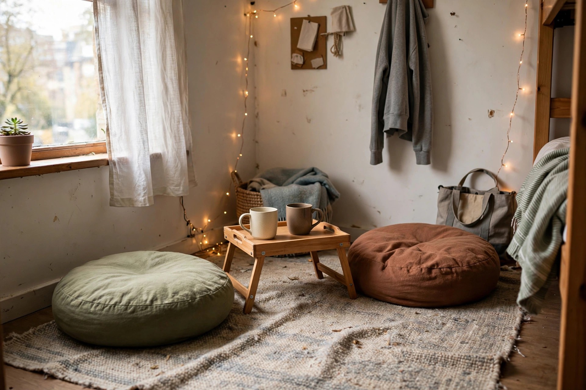 Small shared lounge corner in a dorm room with two floor cushions, a rug and a folding tray table with mugs