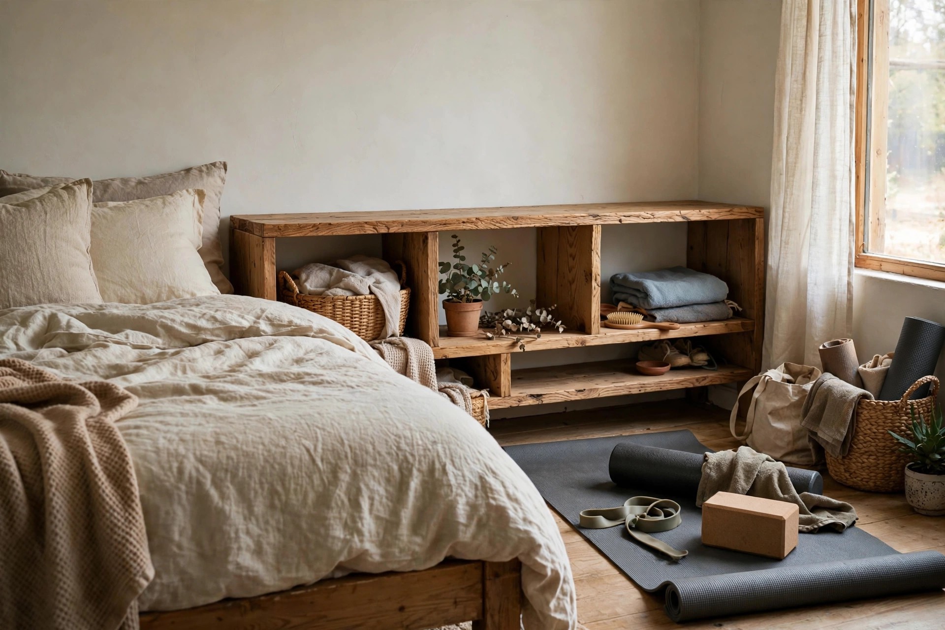 Low open shelf dividing a sleep zone from a workout corner in a small shared bedroom
